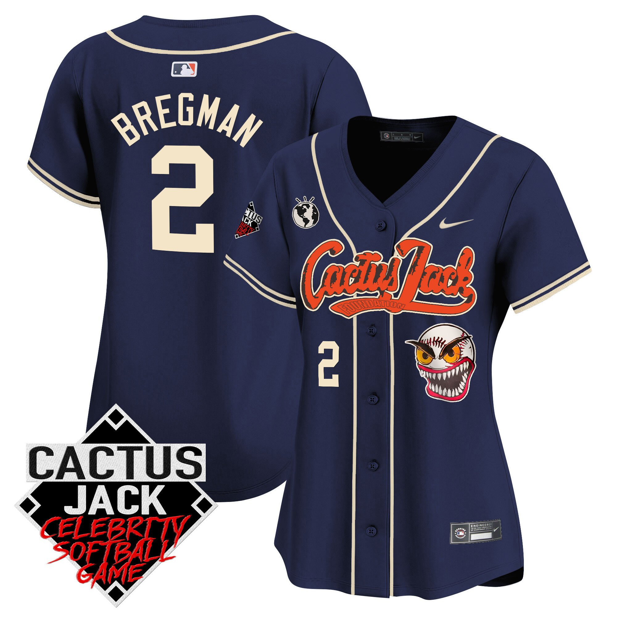 Alex Bregman 2 Houston Astros Cactus Jack Celebrity Softball Game Patch Women Jersey - Navy