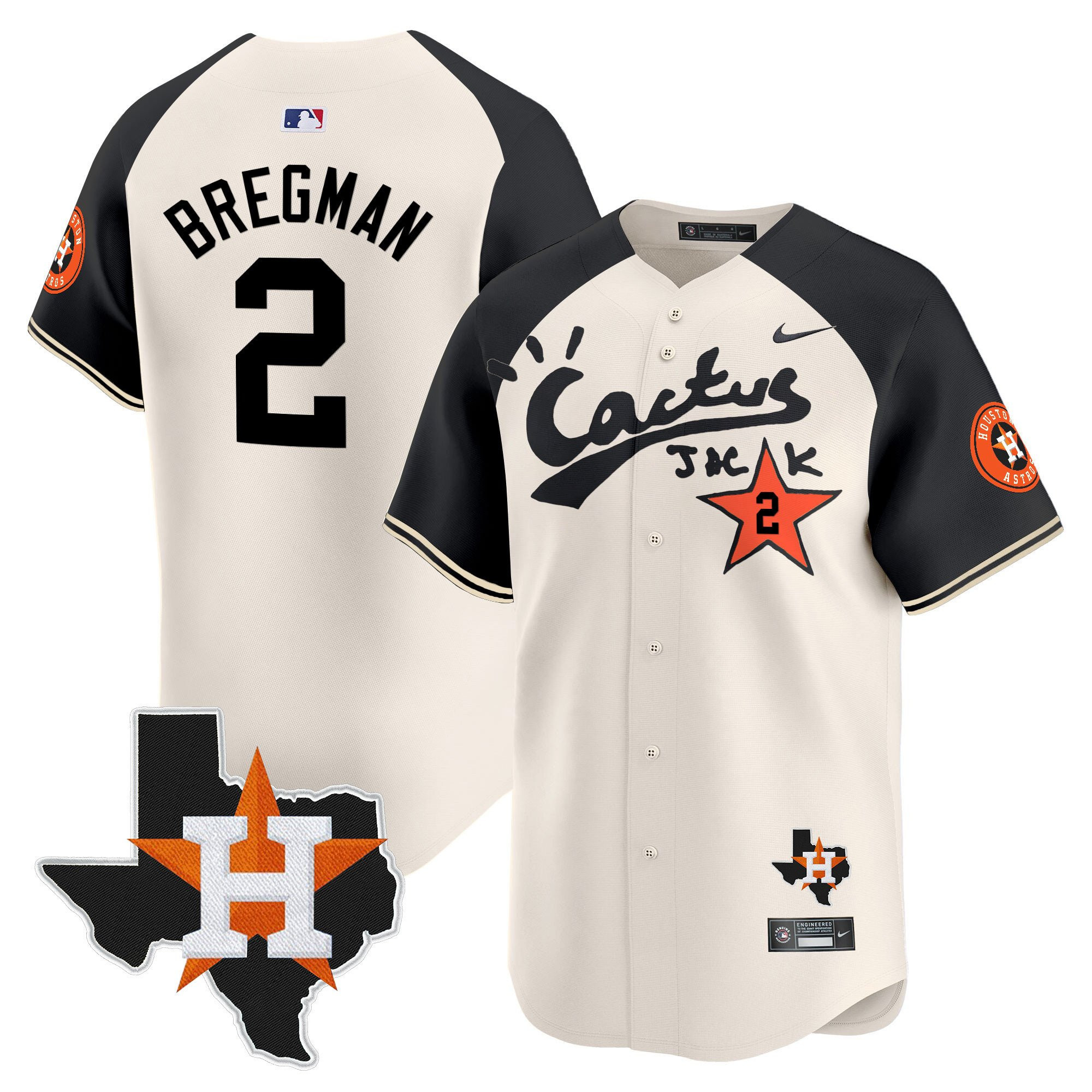 Alex Bregman 2 Houston Astros Cactus Jack Houston Patch Limited Baseball Jersey - Men, Cream Alternate 
