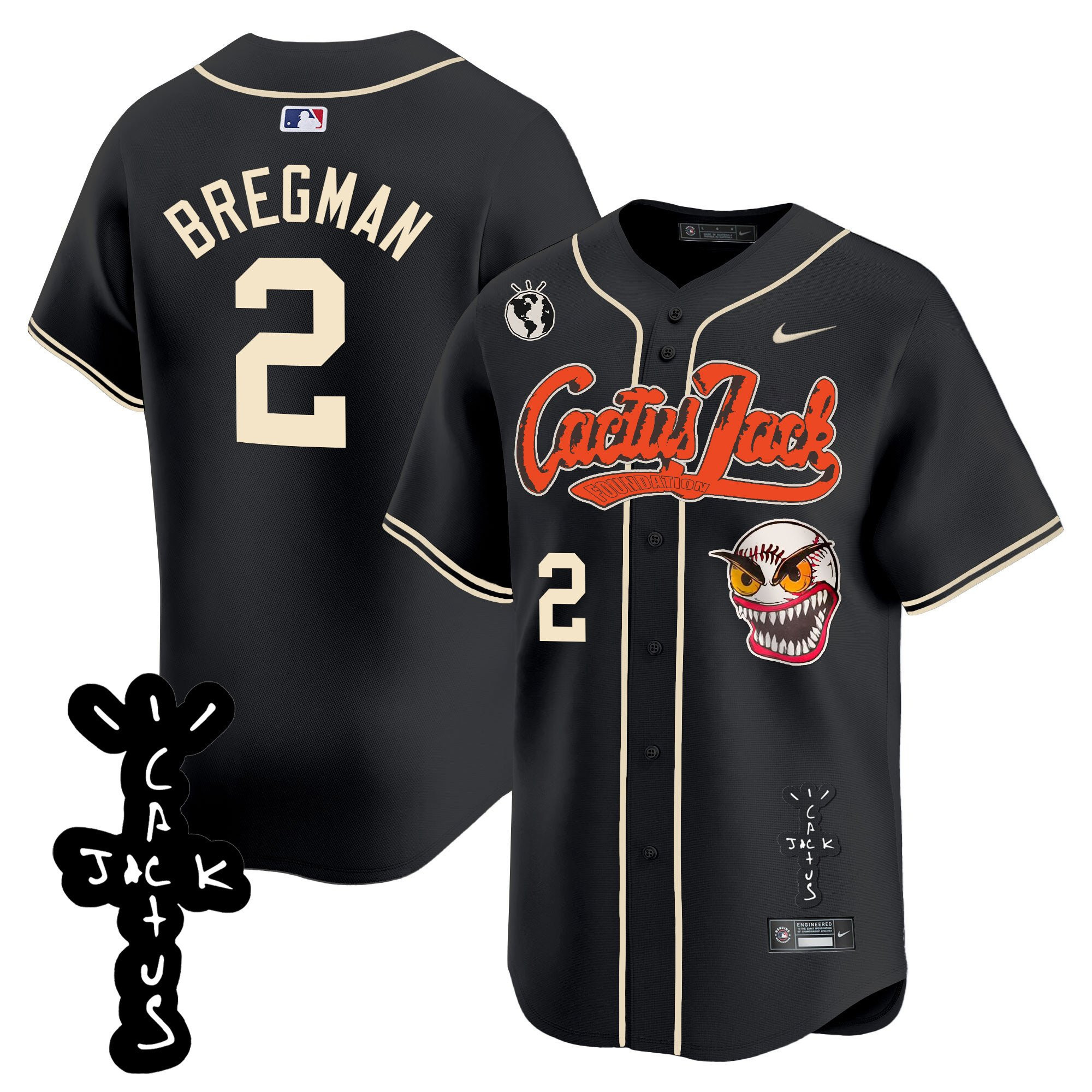 Alex Bregman 2 Houston Astros Cactus Jack Patch V2 Men Baseball Jersey - Black