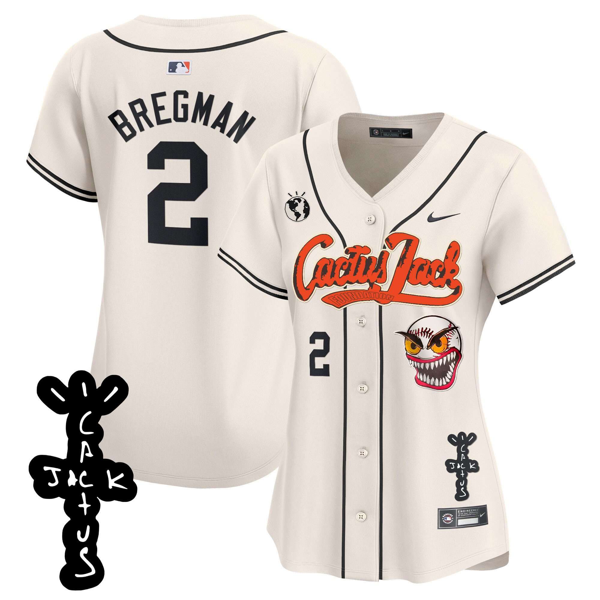 Alex Bregman 2 Houston Astros Cactus Jack Patch V2 Women Baseball Jersey - Cream 