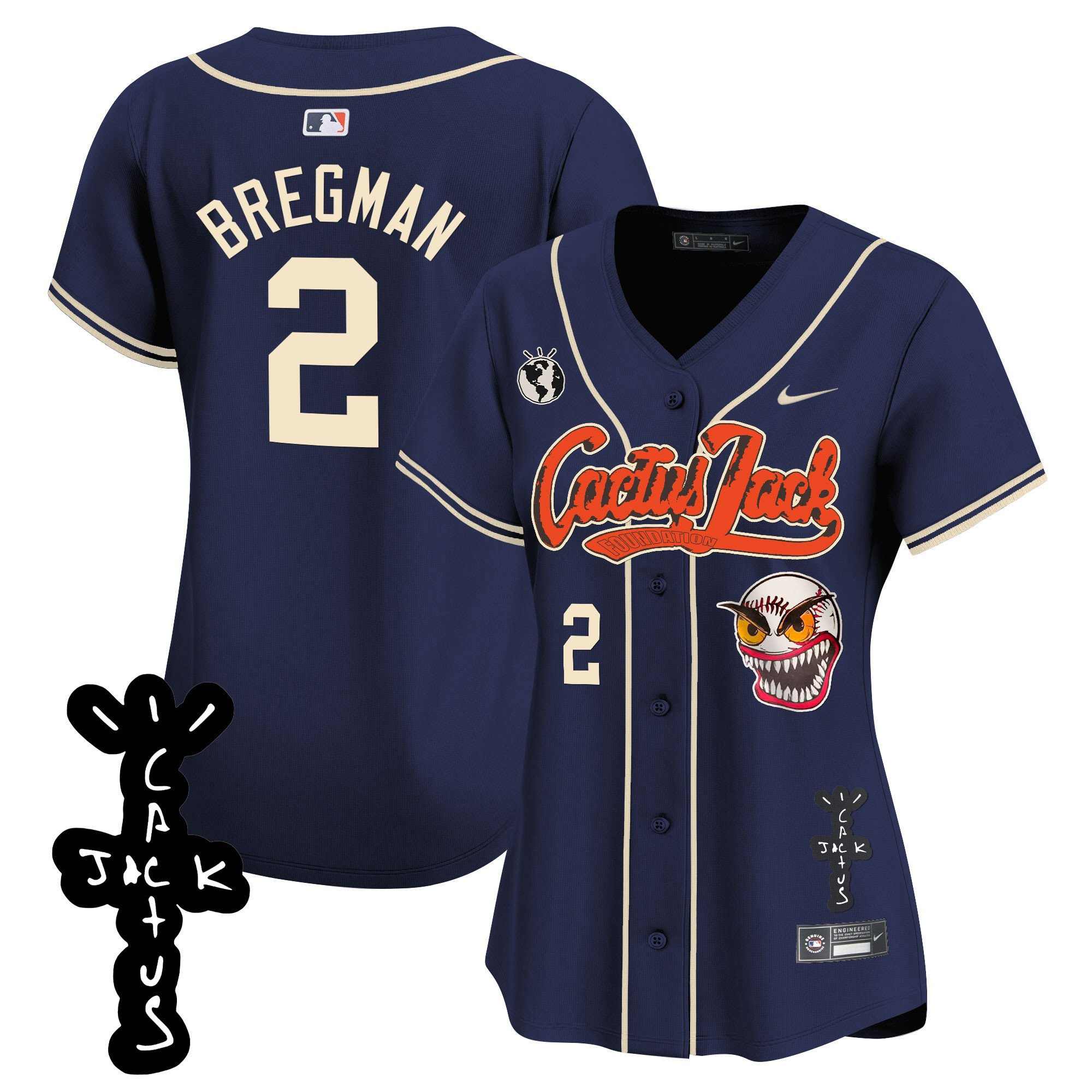 Alex Bregman 2 Houston Astros Cactus Jack Patch V2 Women Baseball Jersey - Navy 