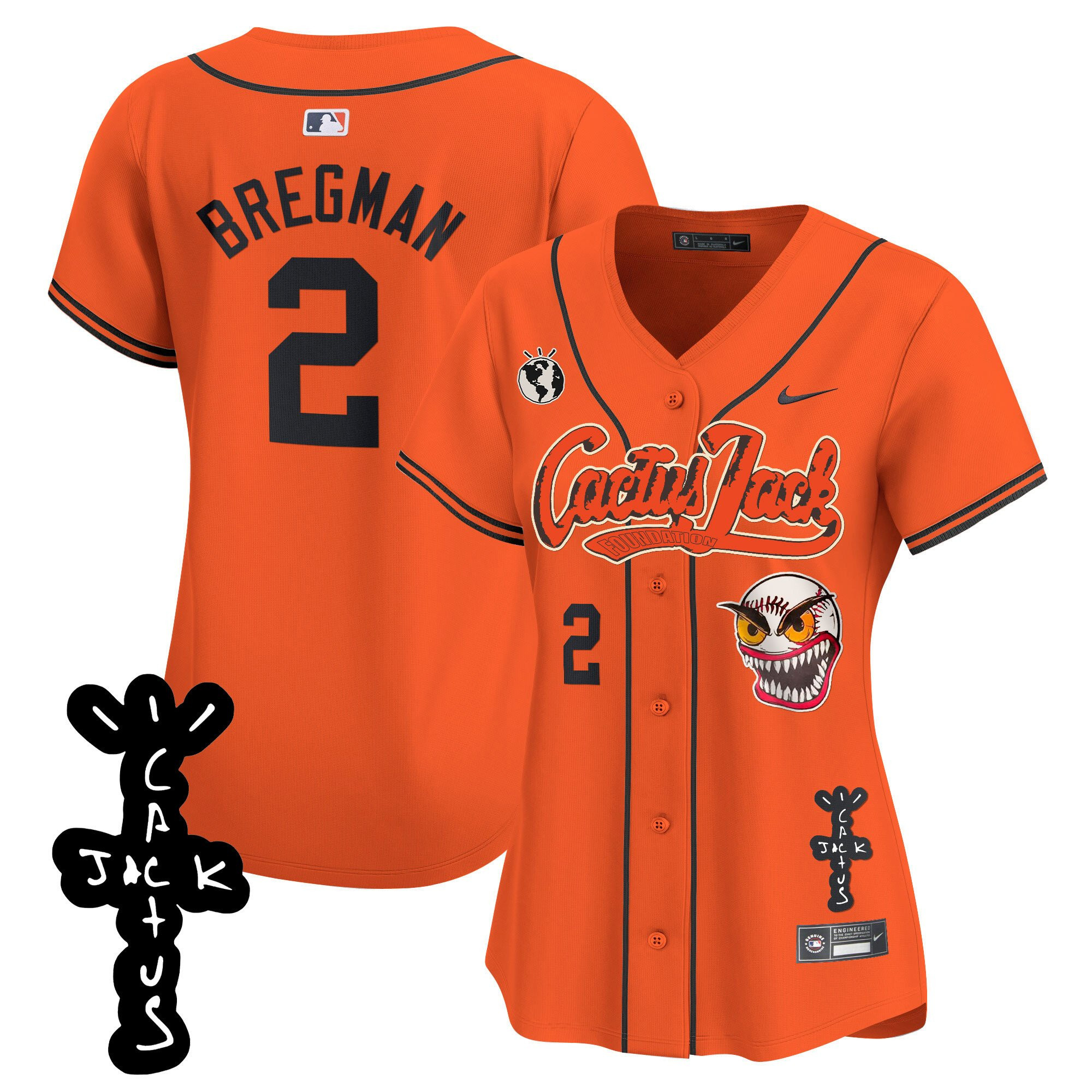 Alex Bregman 2 Houston Astros Cactus Jack Patch V2 Women Baseball Jersey - Orange 