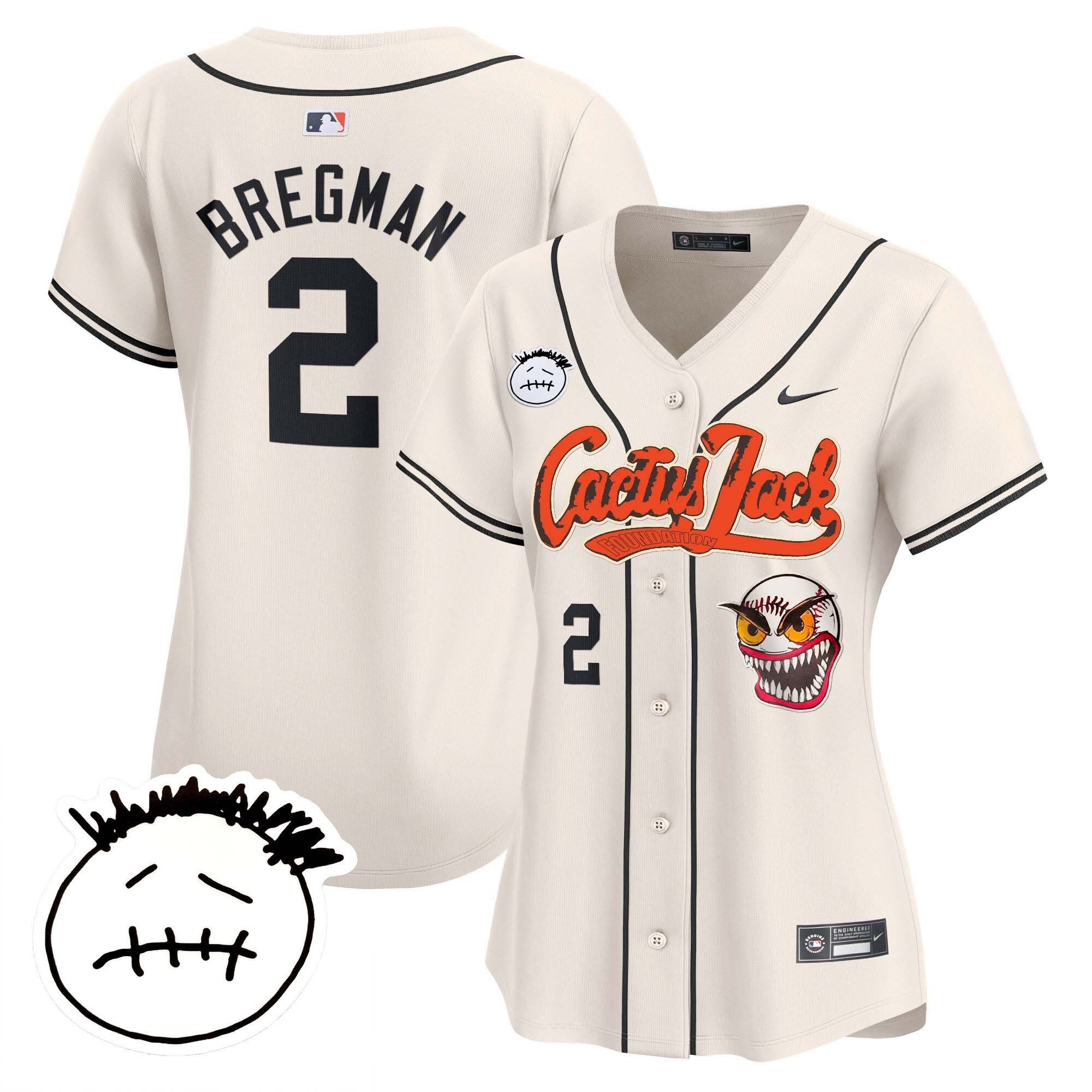 Alex Bregman 2 Houston Astros Cactus Jack Patch V3 Women Baseball Jersey - Cream 