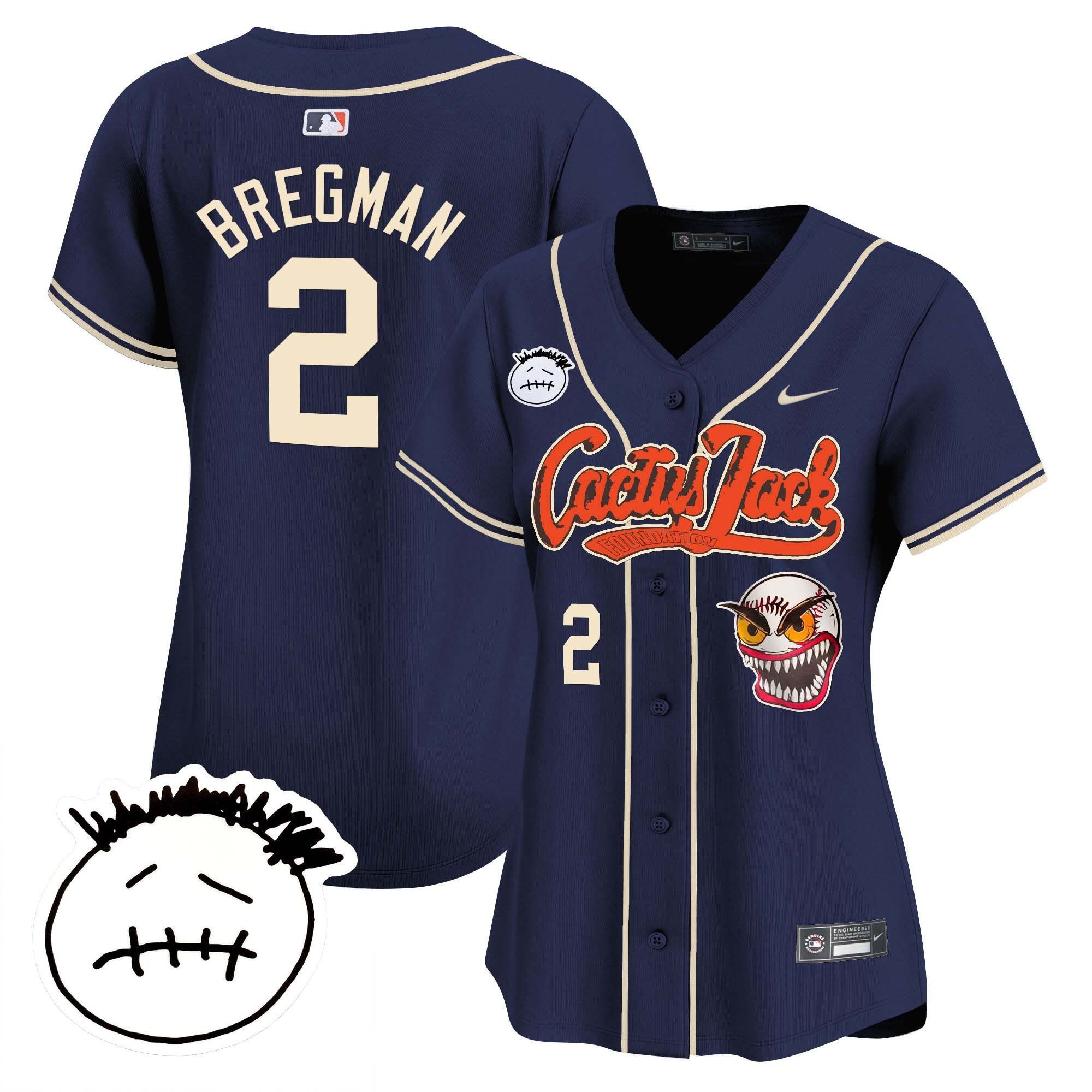 Alex Bregman 2 Houston Astros Cactus Jack Patch V3 Women Baseball Jersey - Navy 