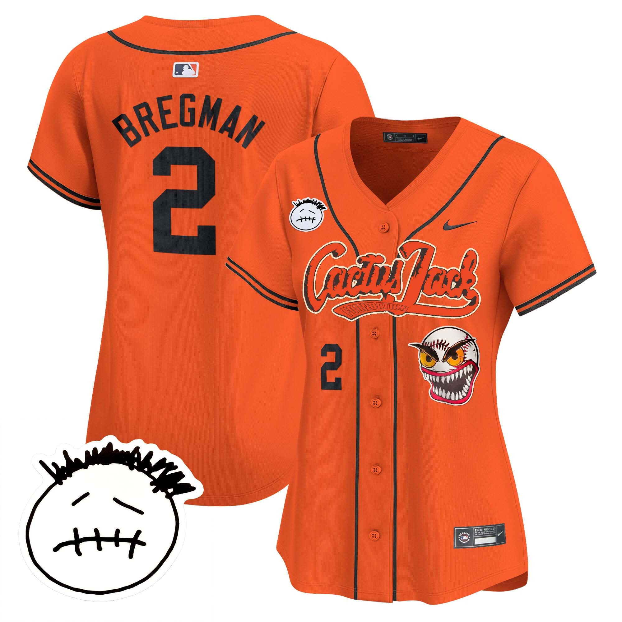 Alex Bregman 2 Houston Astros Cactus Jack Patch V3 Women Baseball Jersey - Orange 