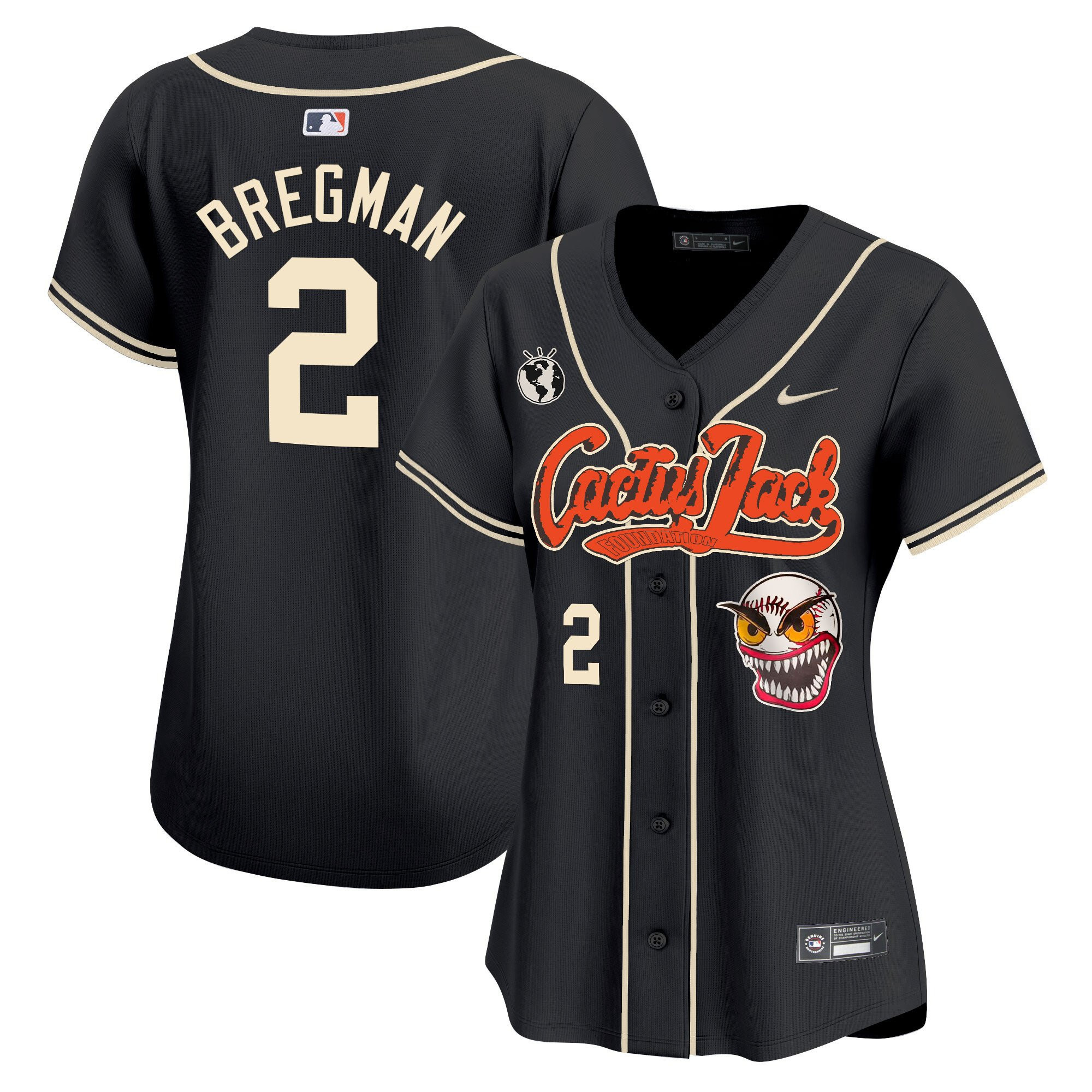 Alex Bregman 2 Houston Astros Cactus Jack Patch Women Baseball Jersey - Black