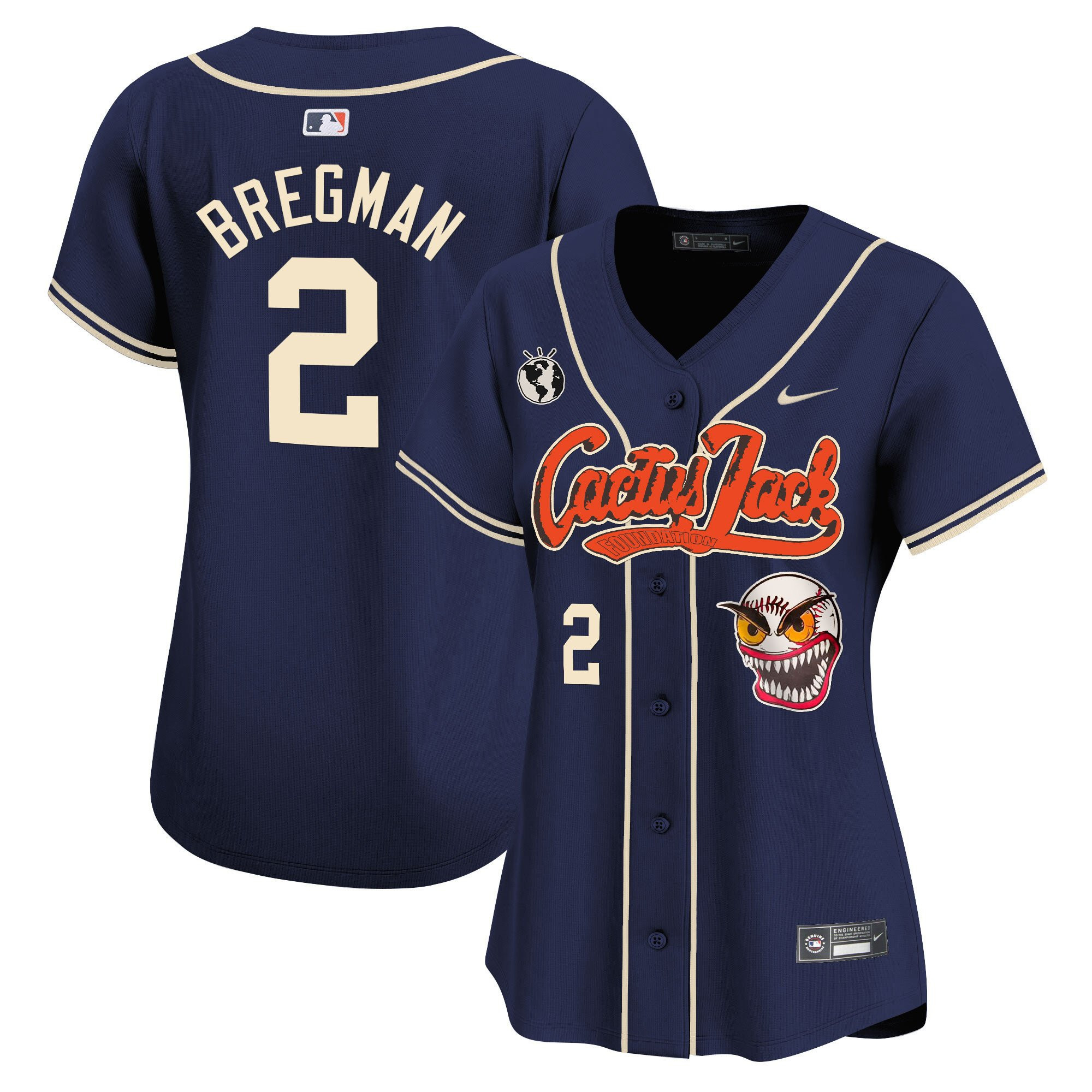 Alex Bregman 2 Houston Astros Cactus Jack Patch Women Baseball Jersey - Navy