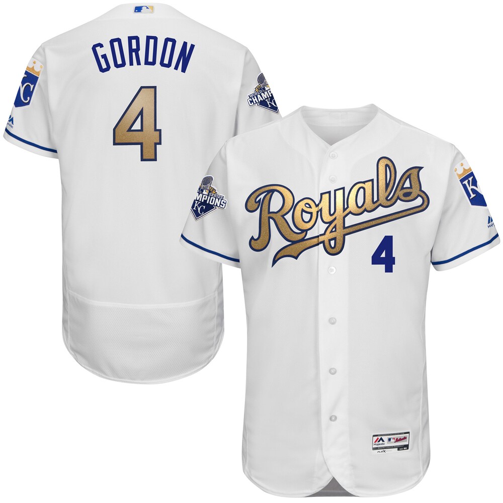 Alex Gordon Kansas City Royals Majestic Home 2015 World Series Champions Gold Program Flex Base Player Jersey - White