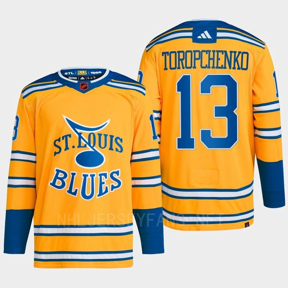 Alexei Toropchenko 13 Reverse Retro 2.0 2022 St. Louis Blues Yellow Jersey Primegreen - JS887 