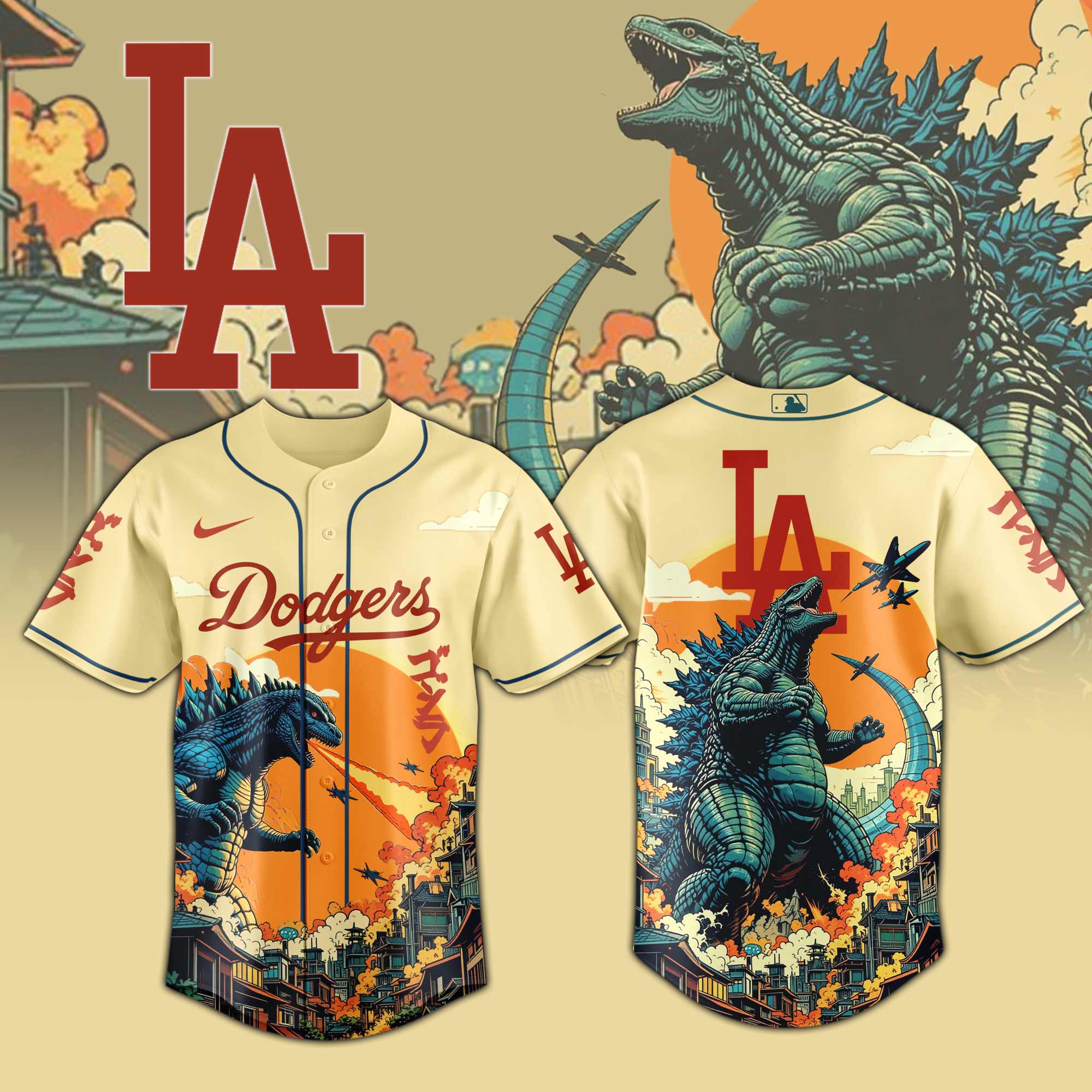 Alternative view of All Team Mlb X Godzilla Attack Baseball Jersey