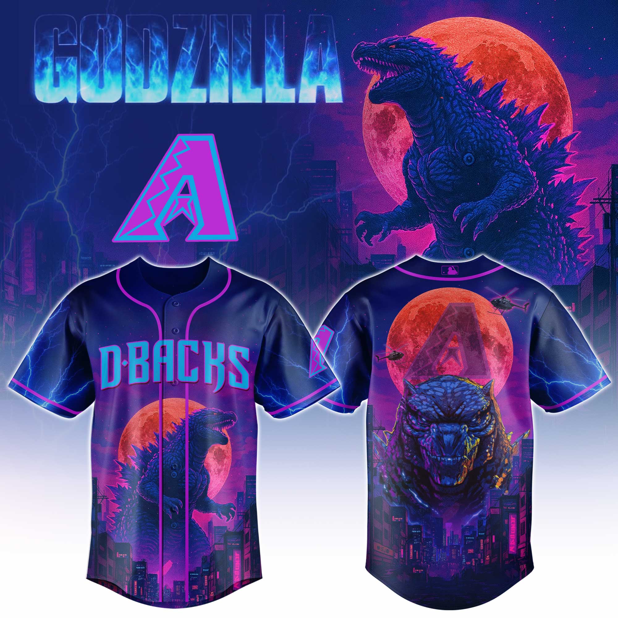 Alternative view of All Team Mlb X Godzilla Neon City Baseball Jersey