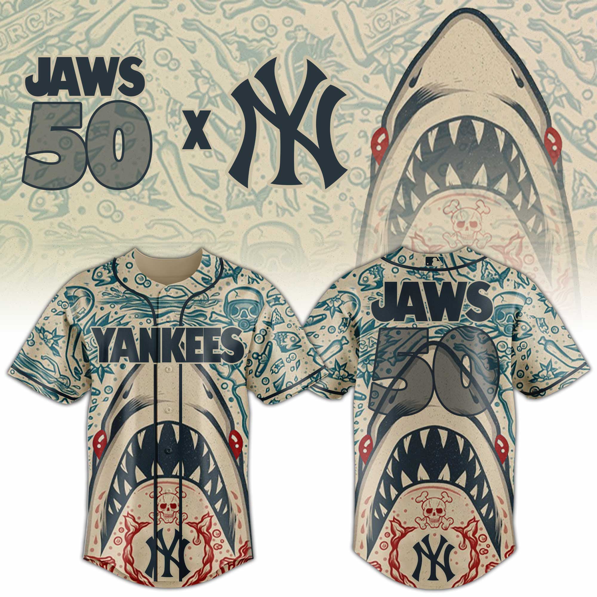 Alternative view of All Team Mlb X Jaws 50th Anniversary Baseball Jersey