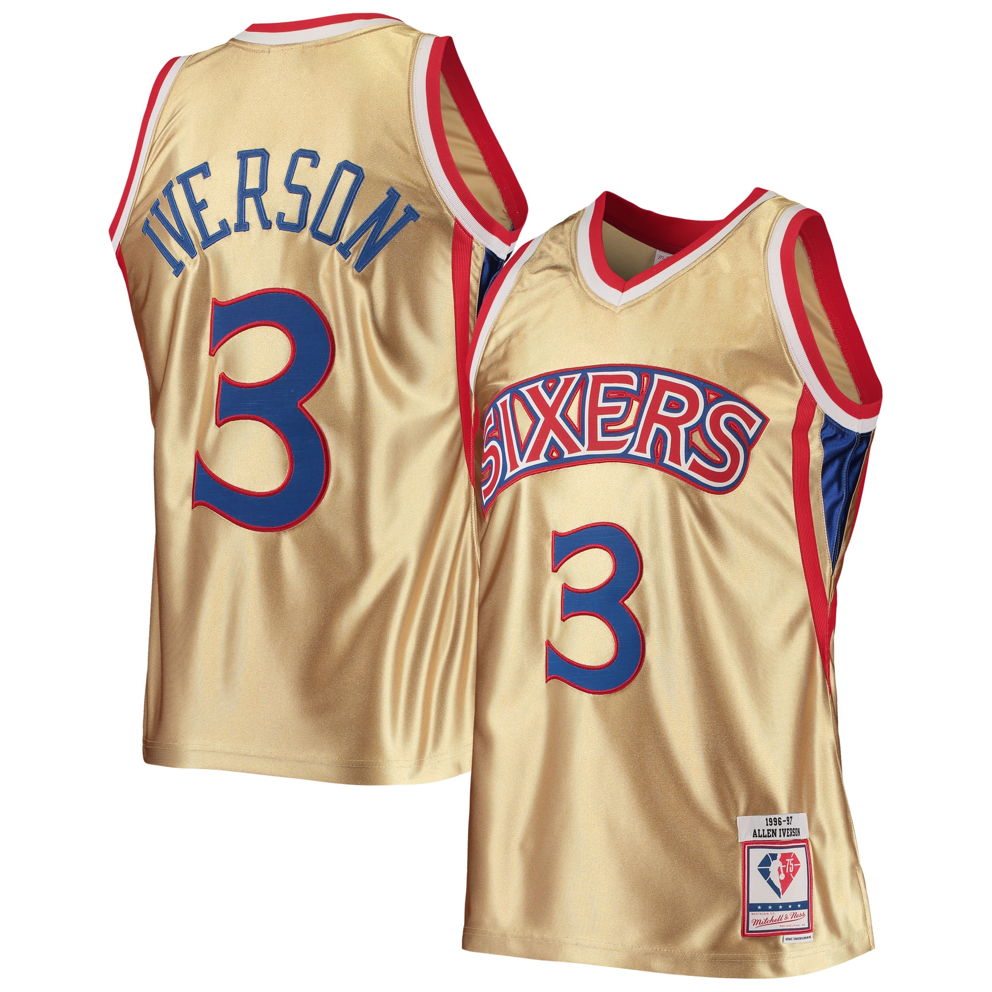 Allen Iverson Philadelphia 76ers Mitchell & Ness 75th Anniversary 1996/97 Hardwood Classics Swingman Basketball Jersey - Gold