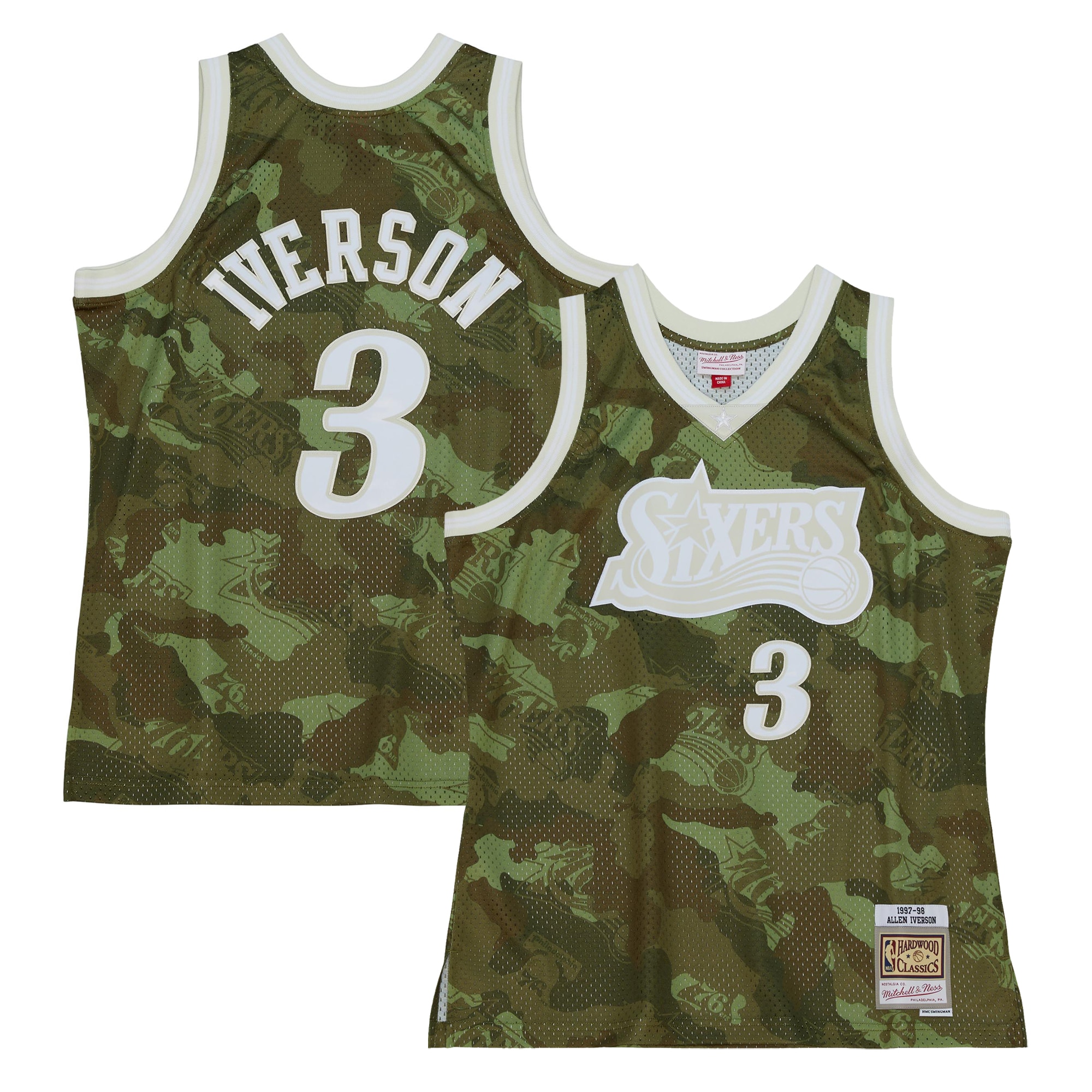 Allen Iverson Philadelphia 76ers Mitchell & Ness Hardwood Classics 1997/98 Ghost Green Swingman Basketball Jersey - Camo