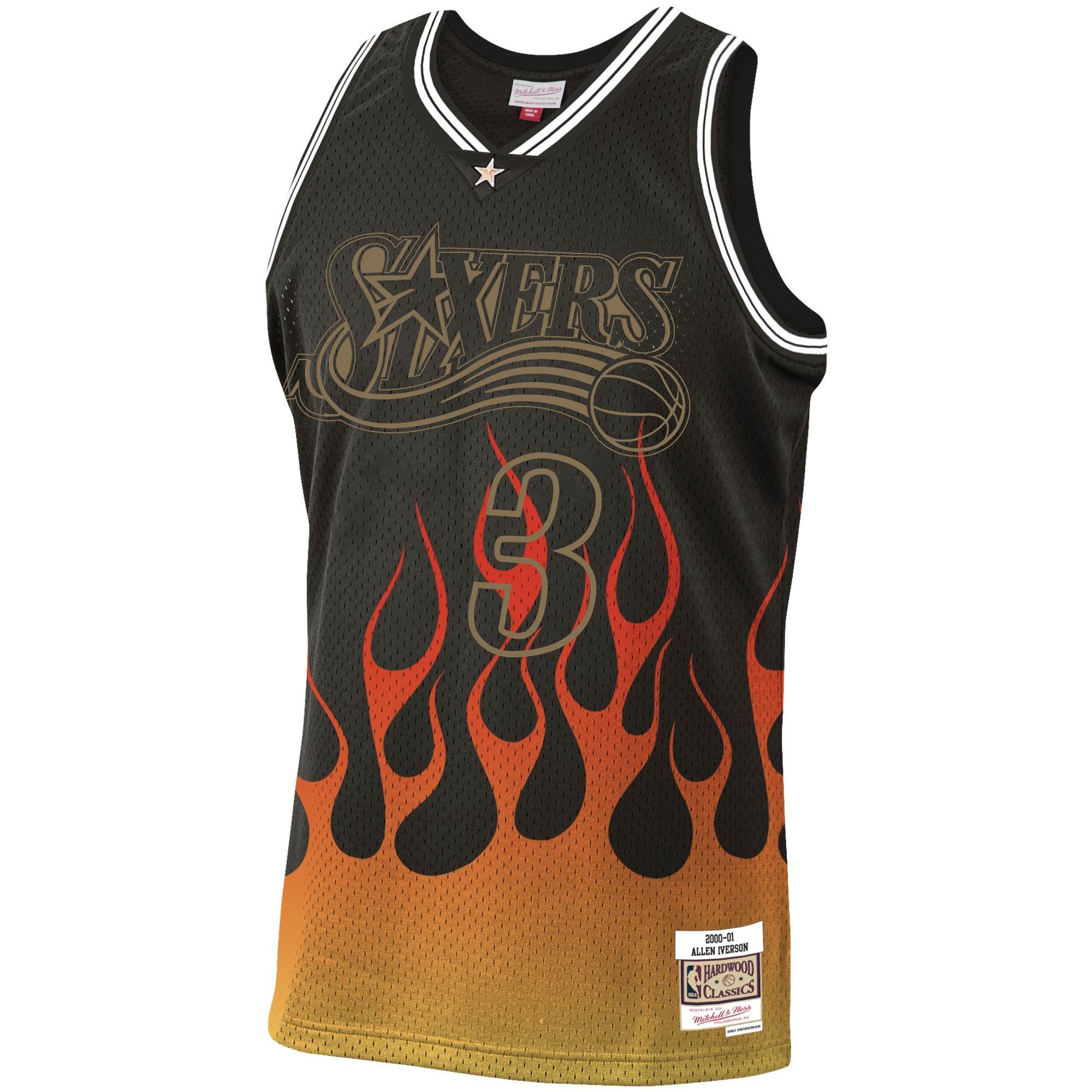 Alternative view of Allen Iverson Philadelphia 76ers Mitchell & Ness 2000-01 Hardwood Classics Flames Swingman Basketball Jersey – Black - JS598 