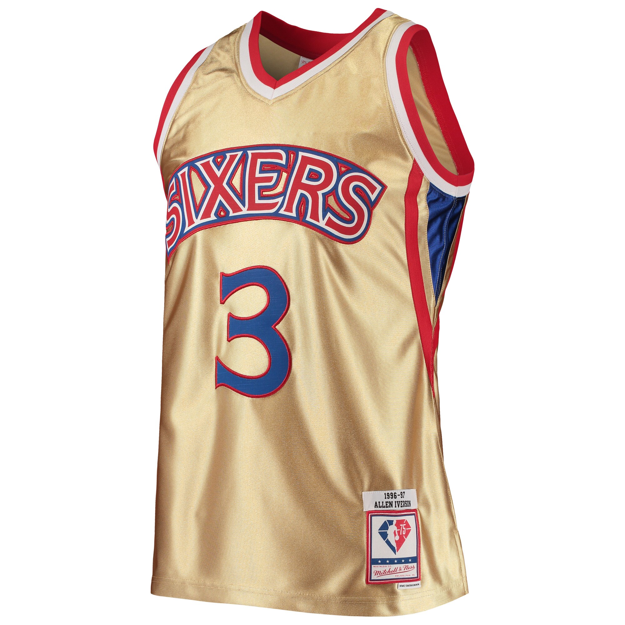 Alternative view of Allen Iverson Philadelphia 76ers Mitchell & Ness 75th Anniversary 1996/97 Hardwood Classics Swingman Basketball Jersey - Gold