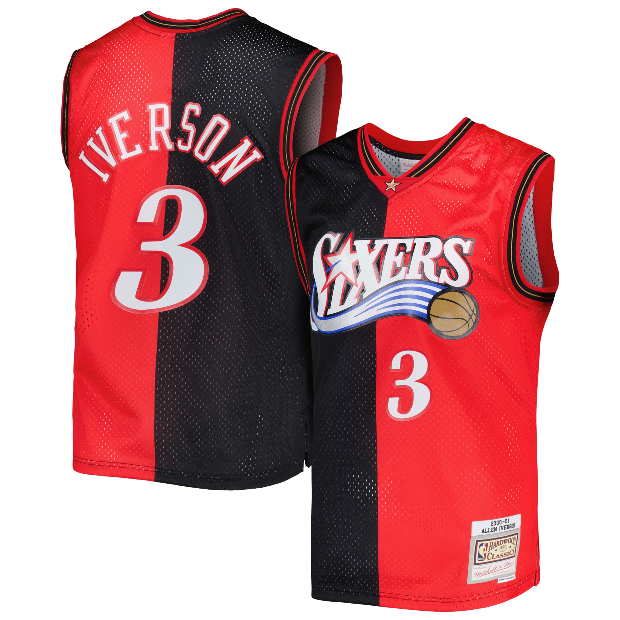 Allen Iverson Philadelphia 76ers Mitchell & Ness Hardwood Classics 2000/01 Split Swingman Basketball Jersey - Black/red