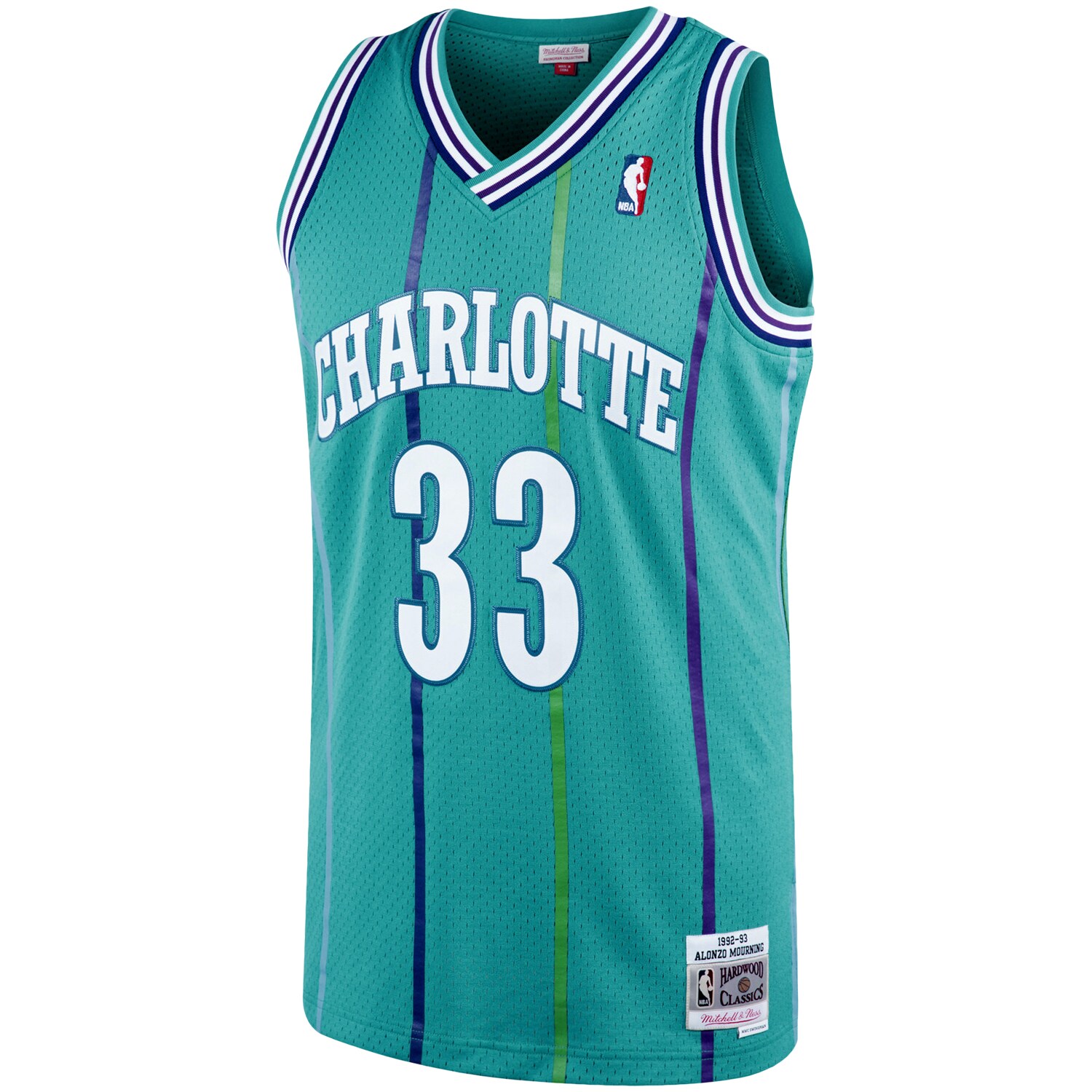 Alternative view of Alonzo Mourning Charlotte Hornets Mitchell & Ness 1992/93 Hardwood Classics Swingman Basketball Jersey - Teal