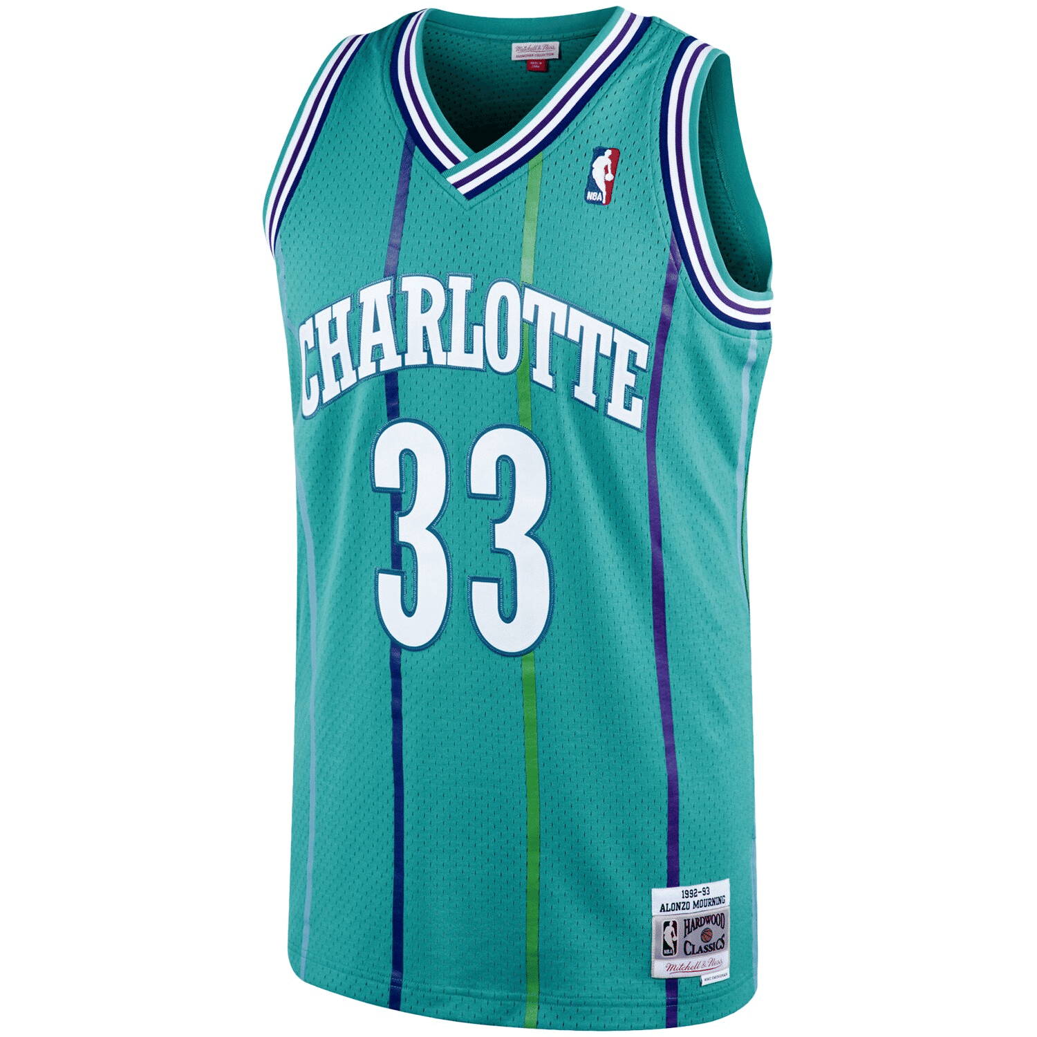 Alternative view of Alonzo Mourning Charlotte Hornets Mitchell & Ness 1992-93 Hardwood Classics Swingman Player Basketball Jersey - Teal Basketball Jersey - JS208 