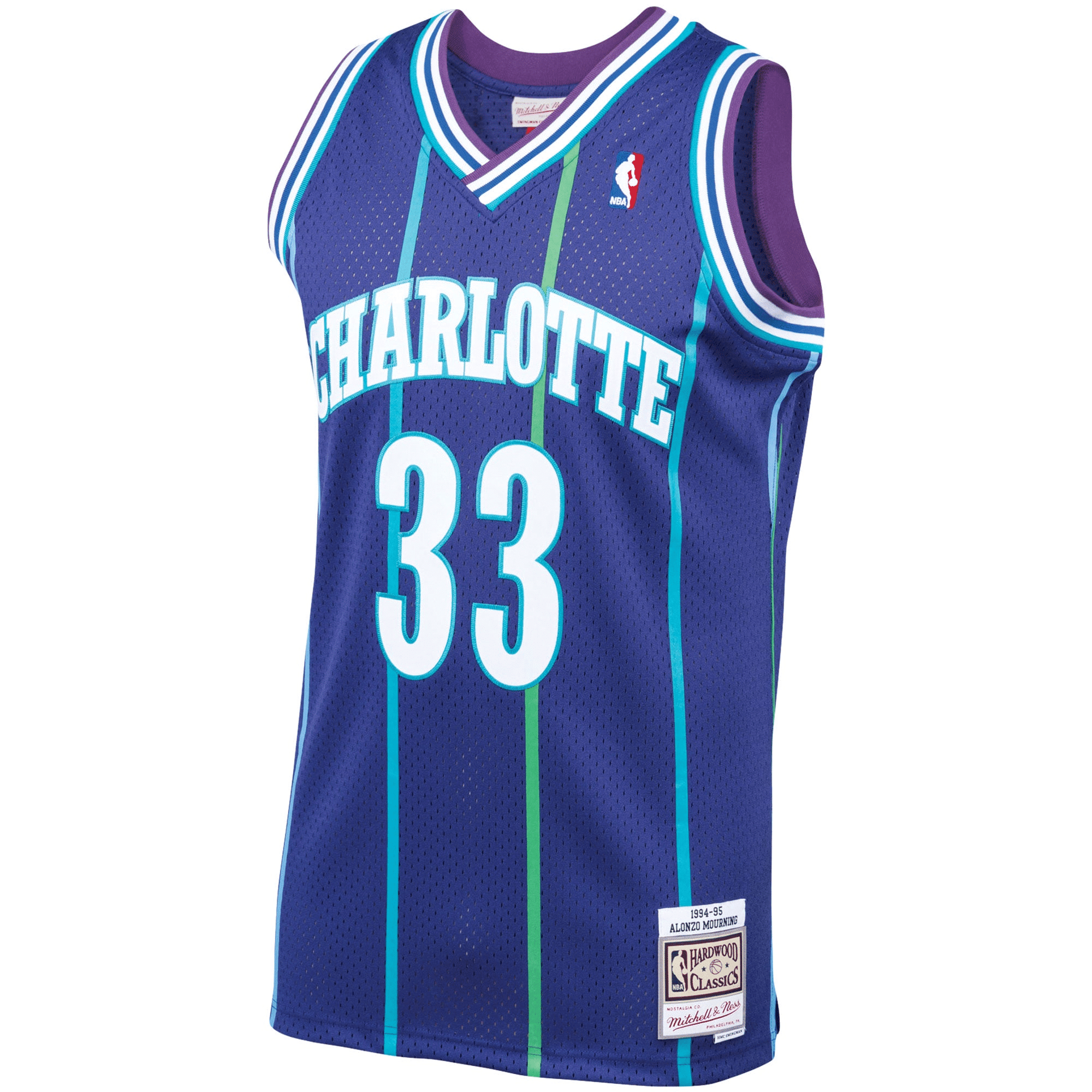 Alternative view of Alonzo Mourning Charlotte Hornets Mitchell & Ness 1994-95 Hardwood Classics Swingman Basketball Jersey - Purple Basketball Jersey - JS825 