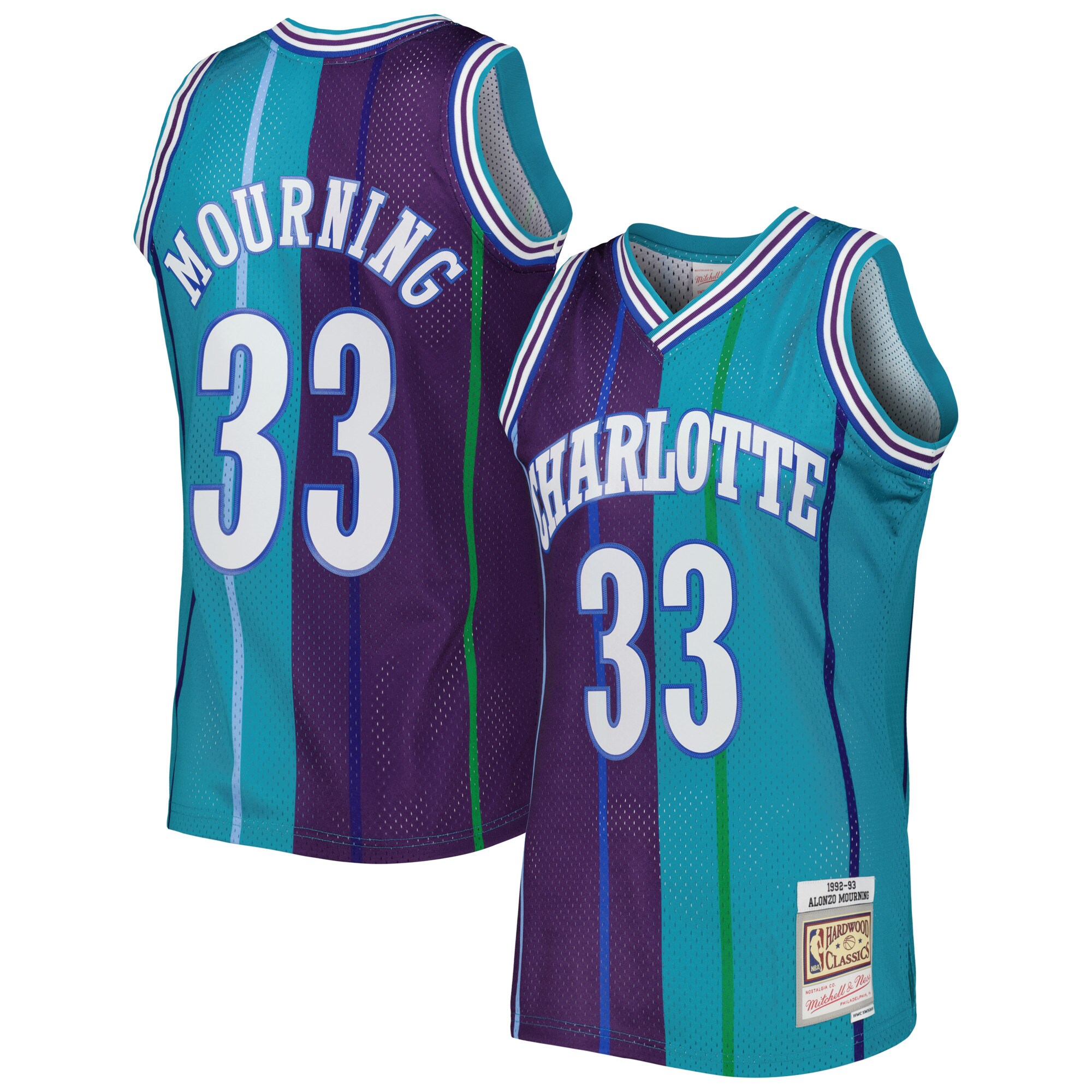 Alonzo Mourning Charlotte Hornets Mitchell & Ness Hardwood Classics 1992/93 Split Swingman Basketball Jersey - Teal/purple