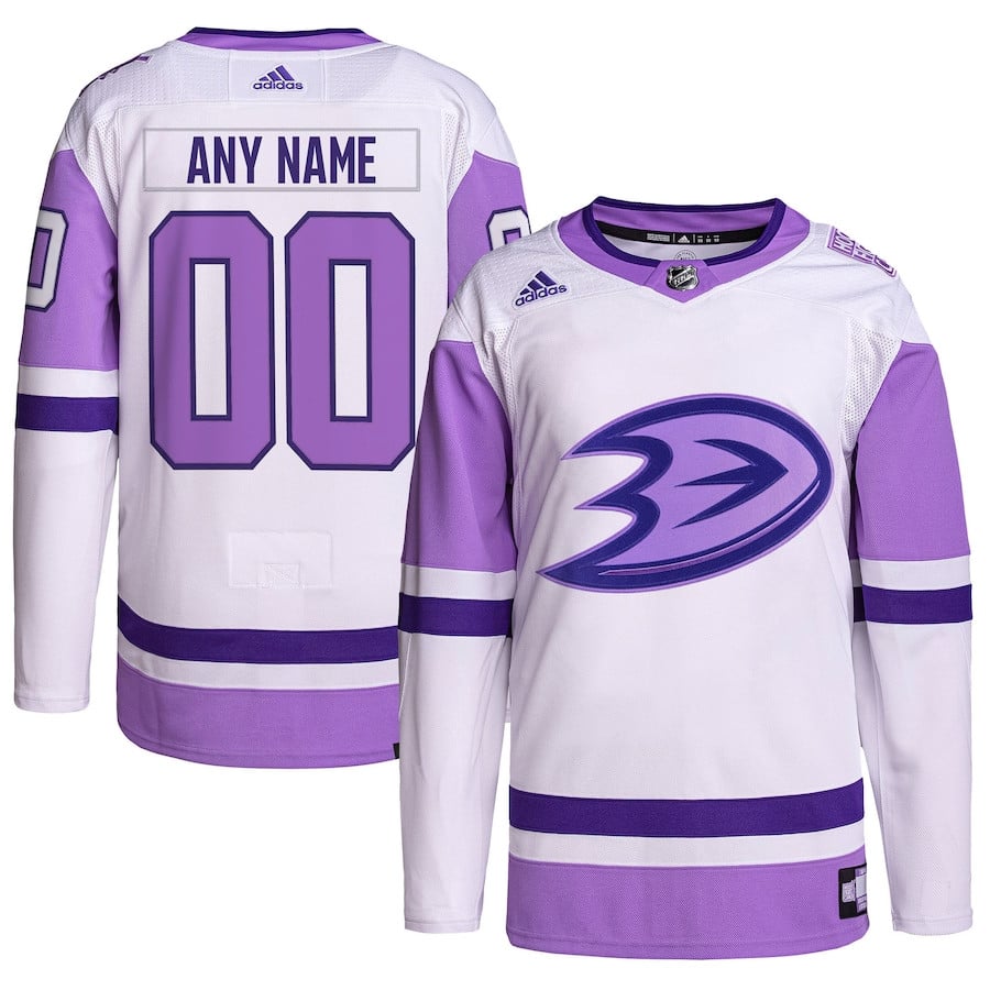 Anaheim Ducks Hockey Fights Cancer Primegreen Custom Men Hockey Jersey - White/Purple - JS868 