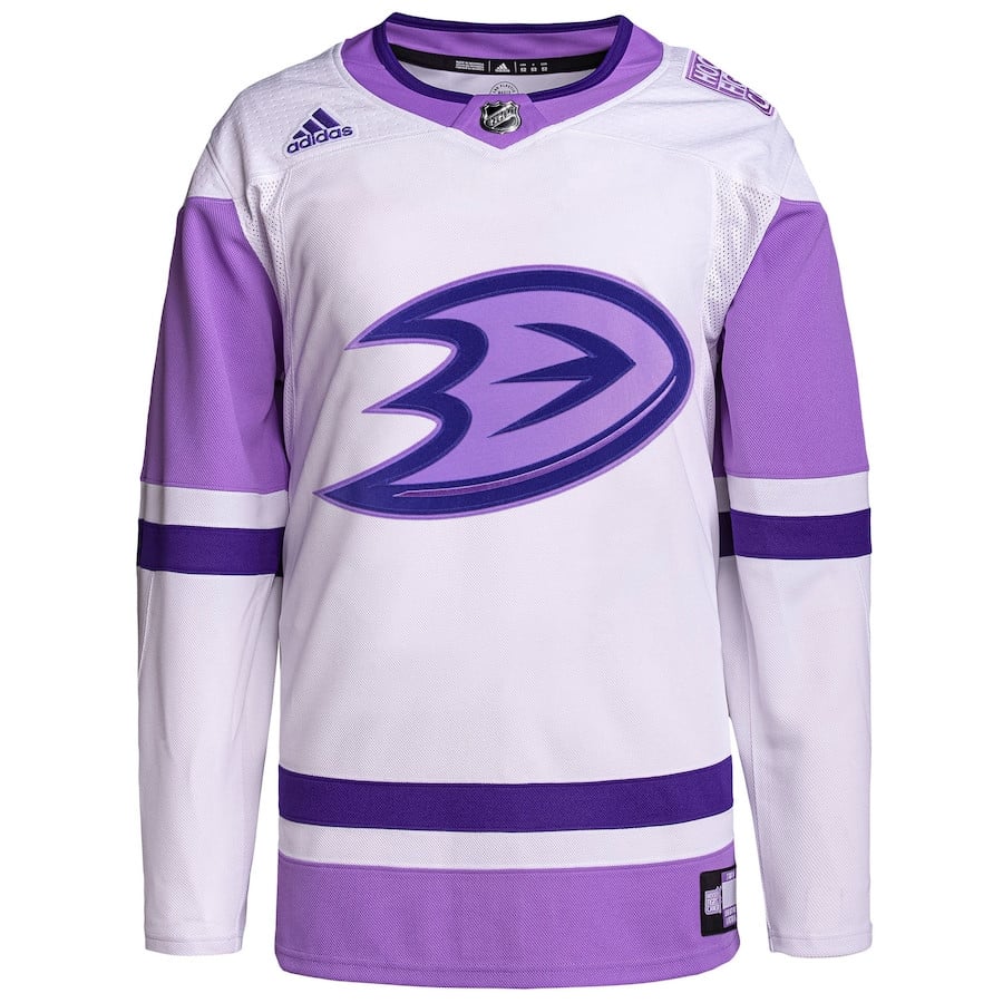 Alternative view of Anaheim Ducks Hockey Fights Cancer Primegreen Custom Men Hockey Jersey - White/Purple - JS868 