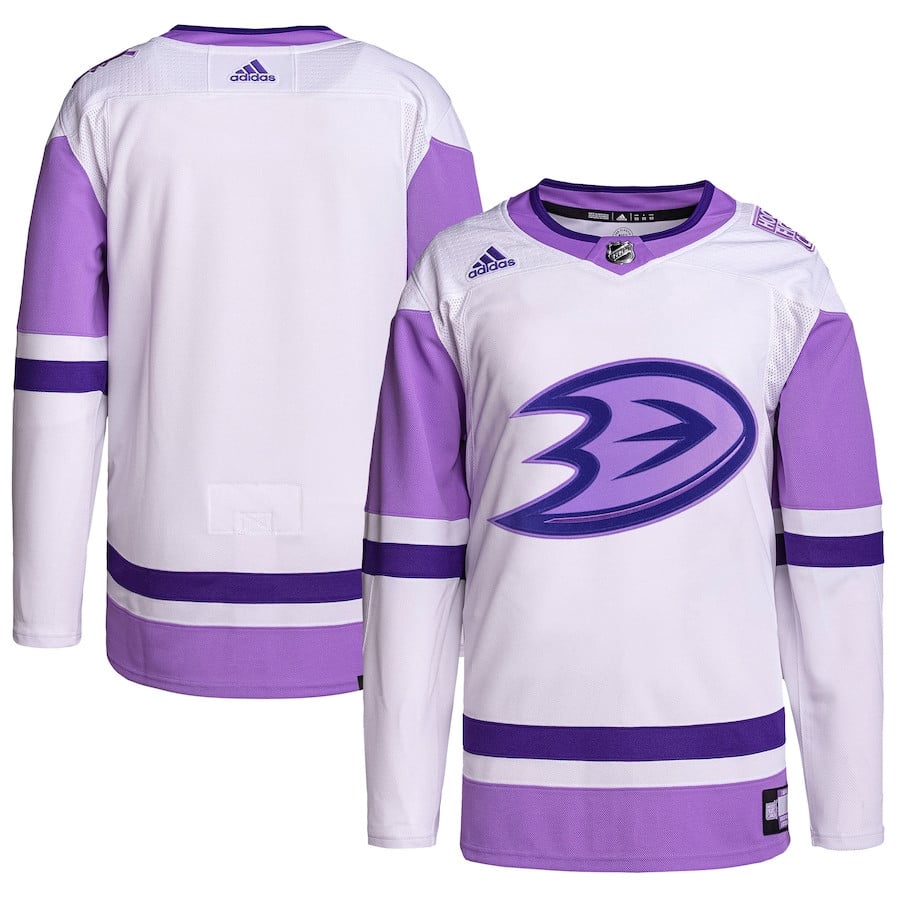 Anaheim Ducks Hockey Fights Cancer Primegreen Men Hockey Jersey - White/Purple - JS432 