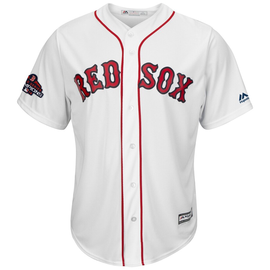 Alternative view of Andrew Benintendi Boston Red Sox Majestic 2018 World Series Champions Team Logo Player Baseball Jersey – White