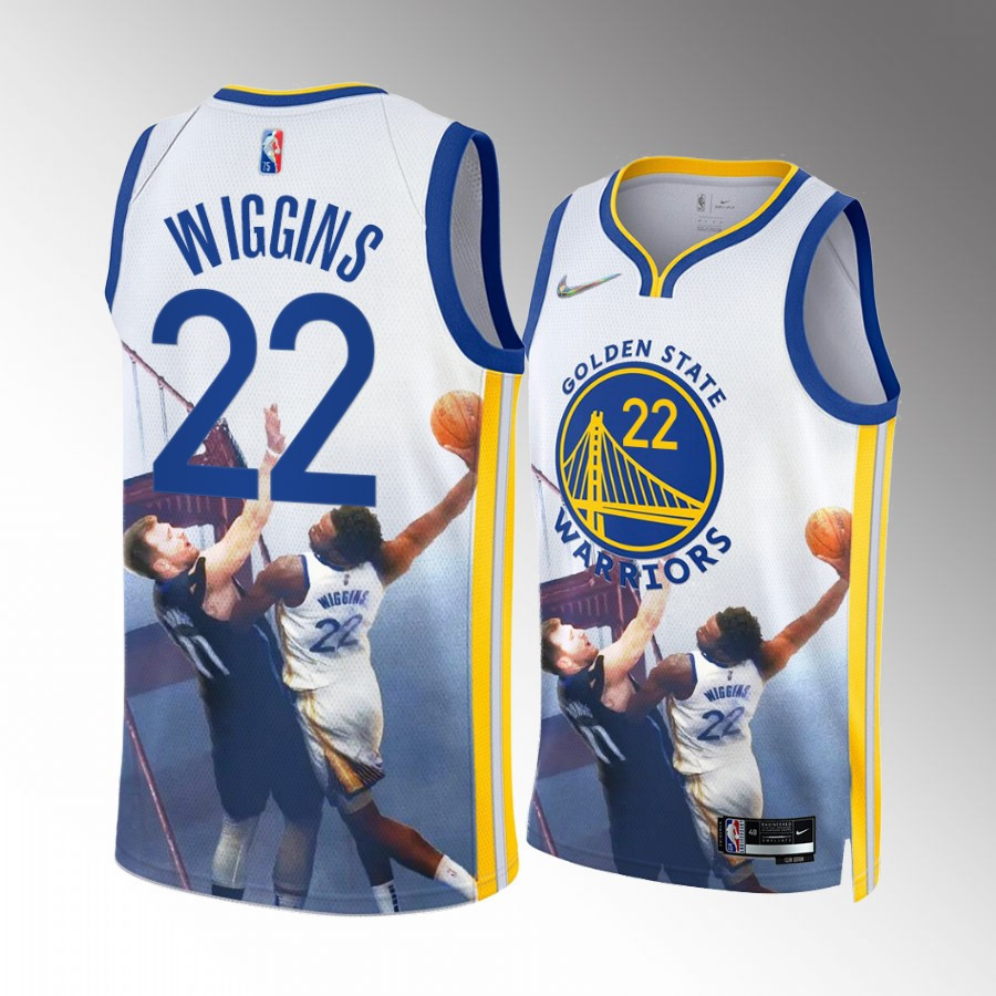 Andrew Wiggins 22 Poster Dunk Over Luka Golden State Warriors Printing White Men Basketball Jersey Playoffs Game - JS582 