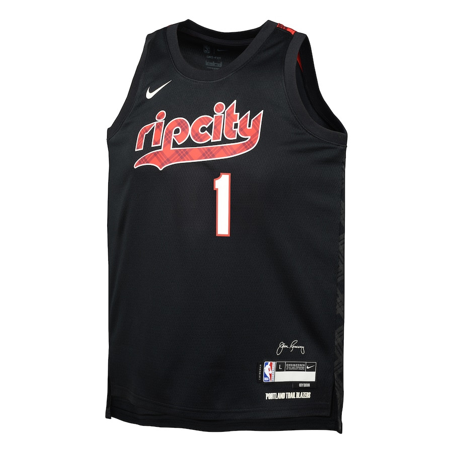 Alternative view of Anfernee Simons 1 Portland Trail Blazers 2023/24 City Edition Swingman YOUTH Basketball Jersey - Black - JS379 