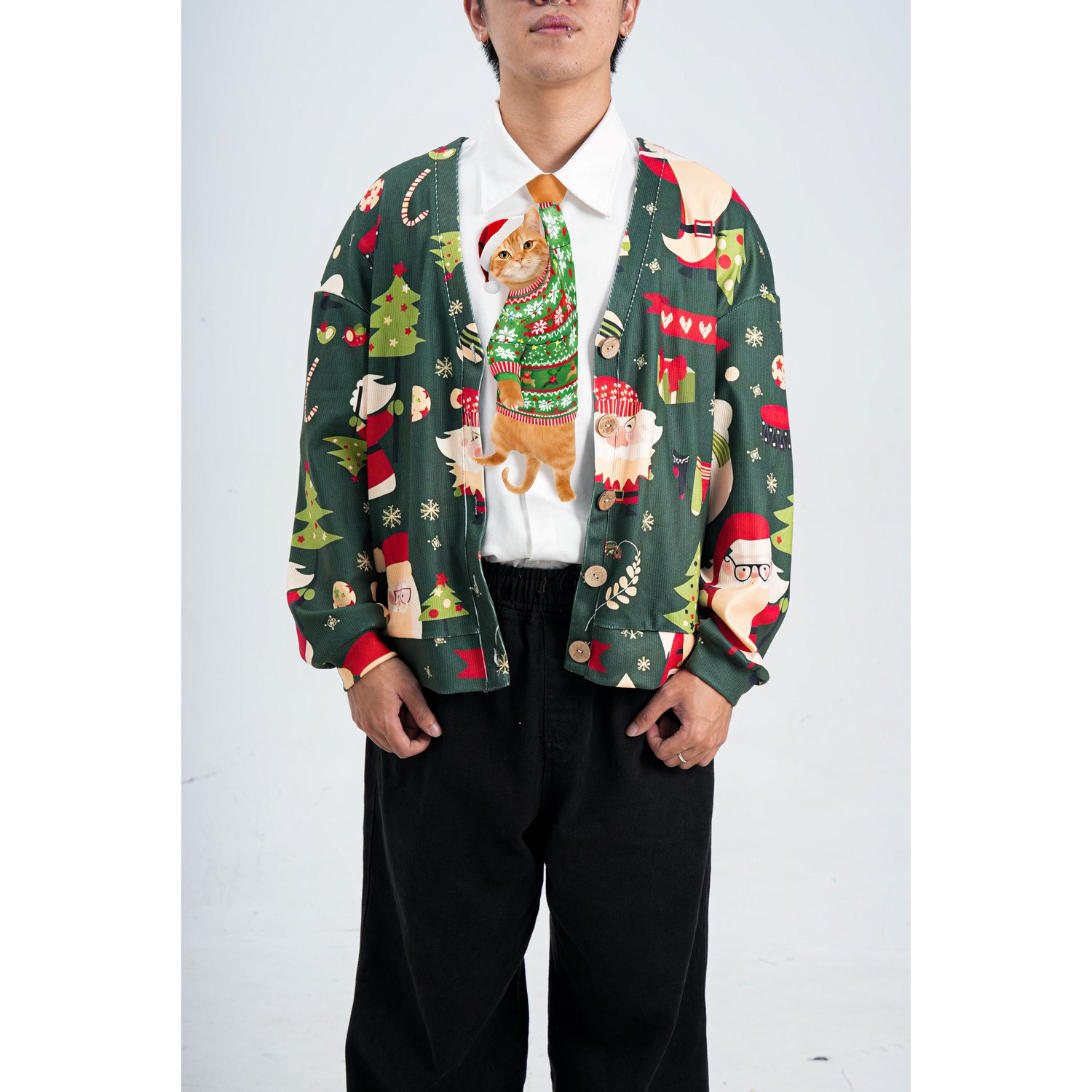 Animals Ties - Orange Naughty Noel Lucky Cat Tie, Silk Tie, Novelty Tie, Pet Tie