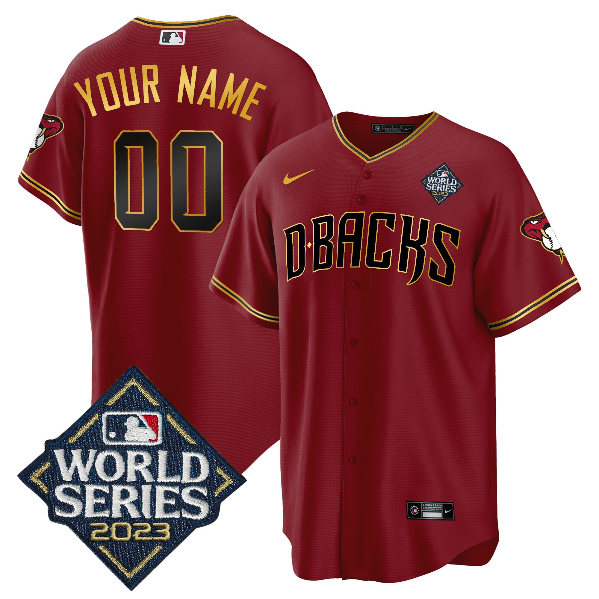 Arizona Diamondbacks 2023 World Series Patch Men Custom Jersey - Crimson Gold
