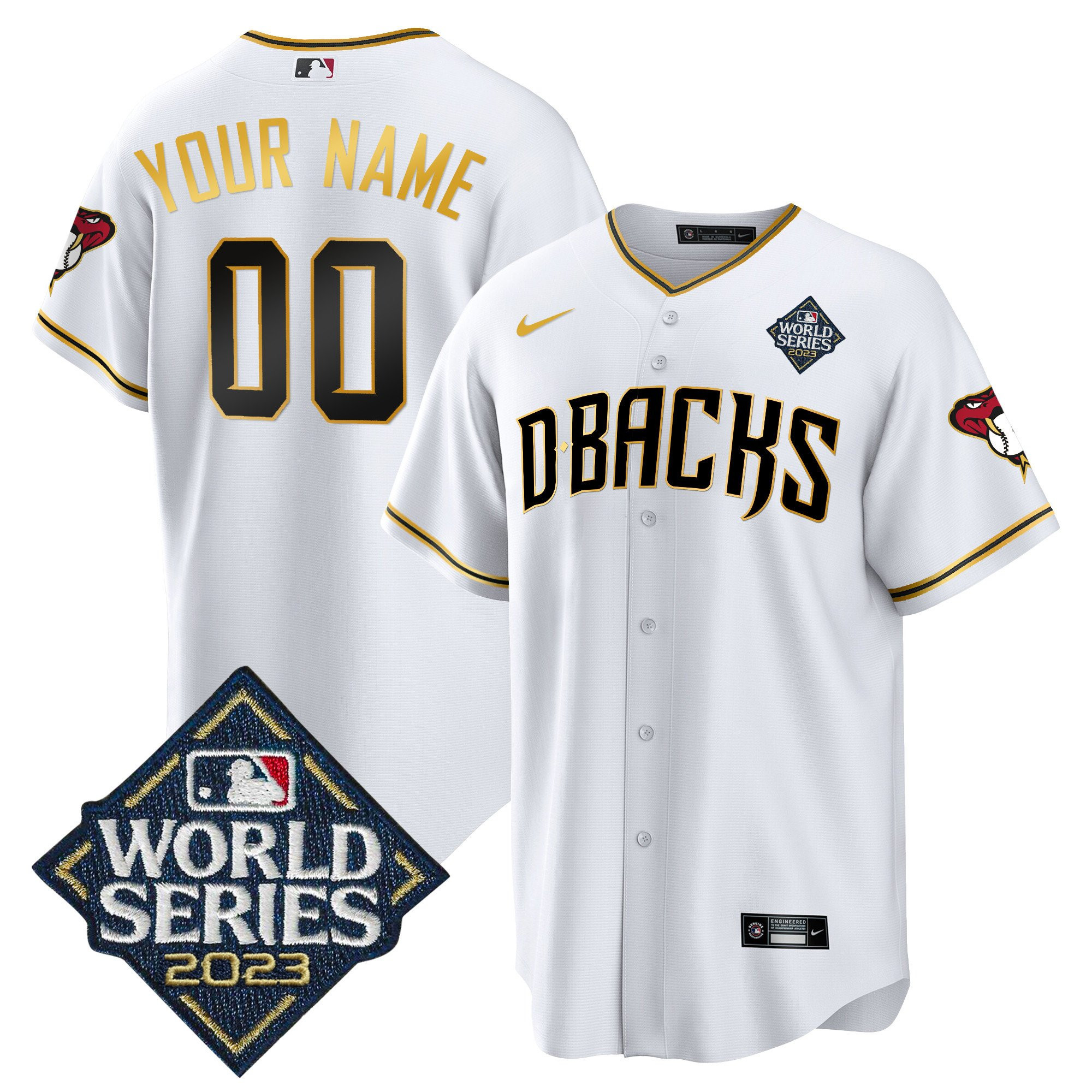Arizona Diamondbacks 2023 World Series Patch Men Custom Jersey - White Gold