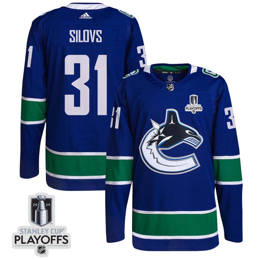 Arturs Silovs 31 Vancouver Canucks 2024 NHL Playoffs Patch Home Hockey Jersey - Men, Blue - JS406 