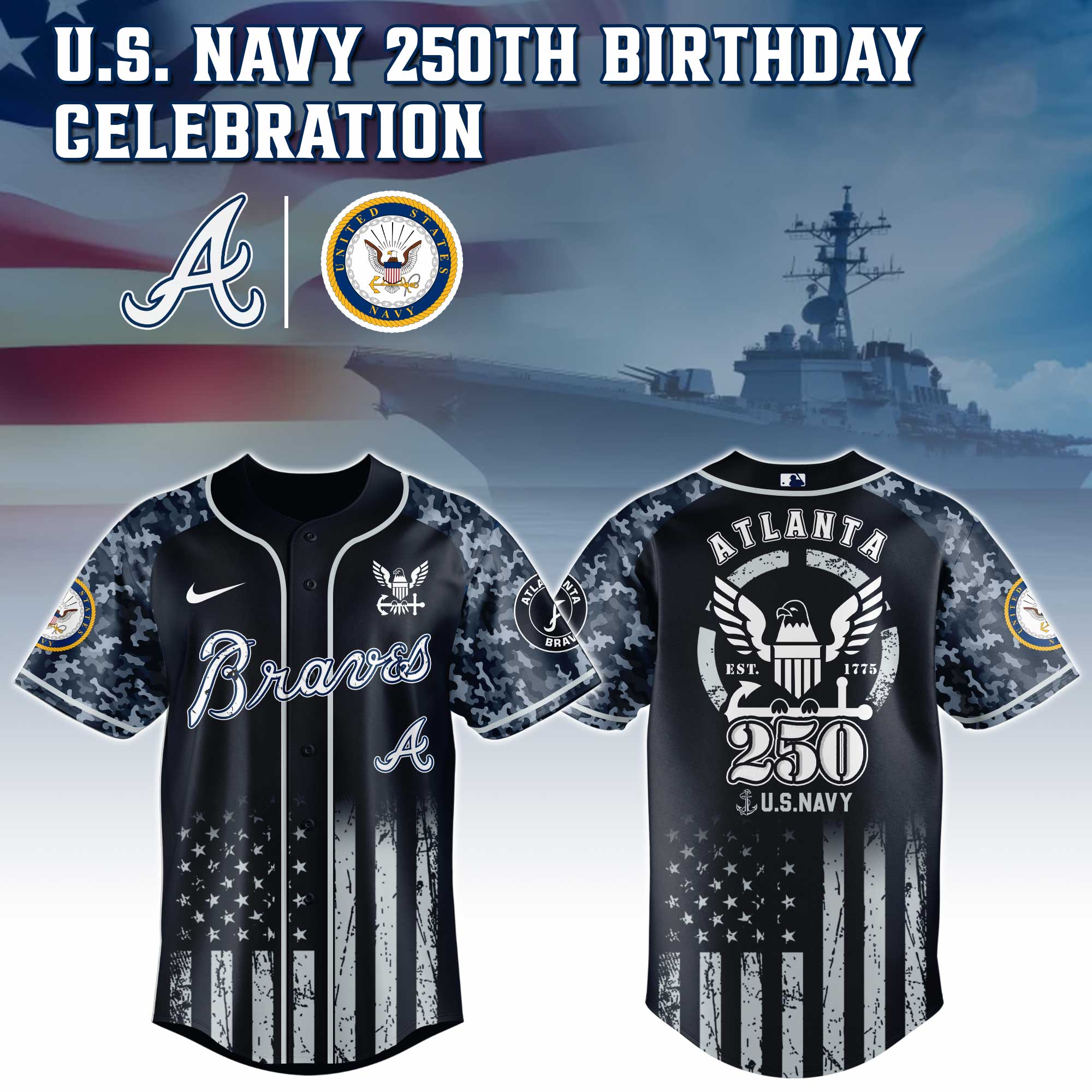 Atlanta Braves Mlb X 250 U.s. Navy Baseball Jersey