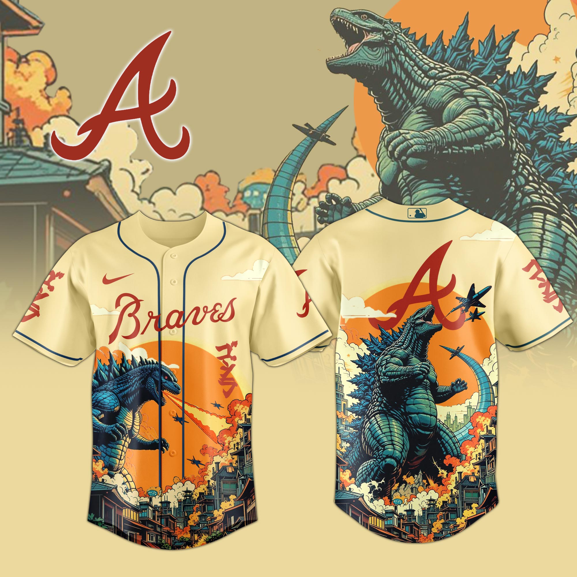 Atlanta Braves Mlb X Godzilla Attack Baseball Jersey