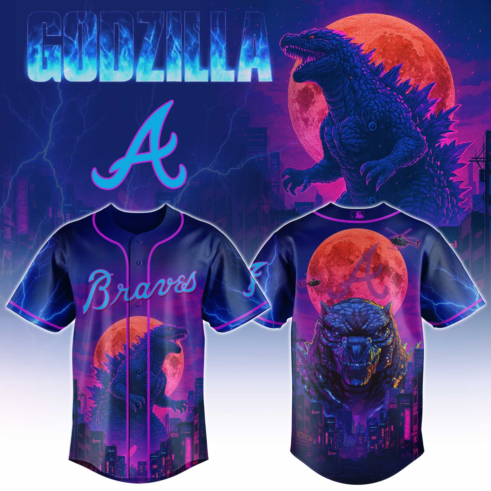 Atlanta Braves Mlb X Godzilla Neon City Baseball Jersey