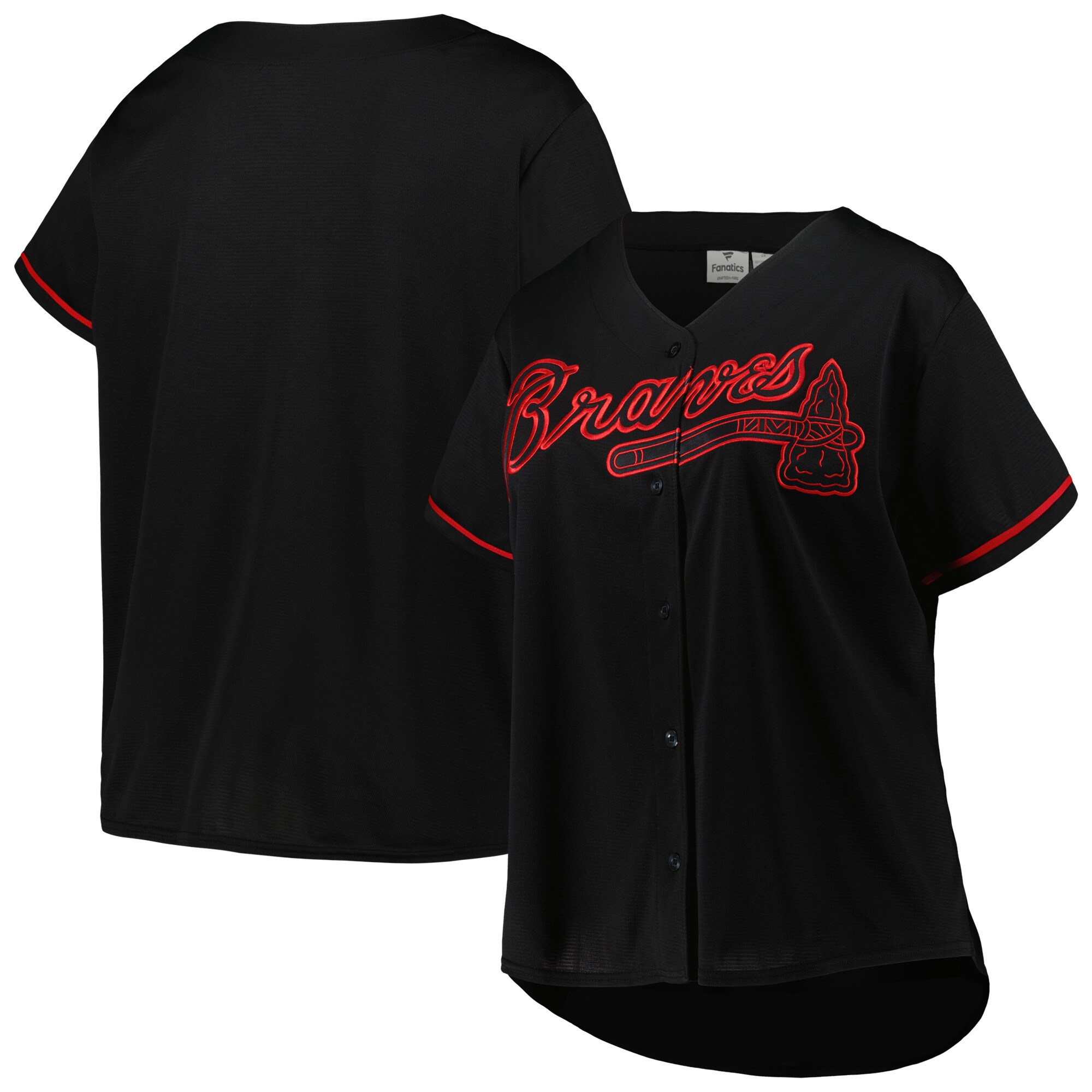 Alternative view of Atlanta Braves Women's Plus Size Pop Fashion Button-up Baseball Jersey - Black/red