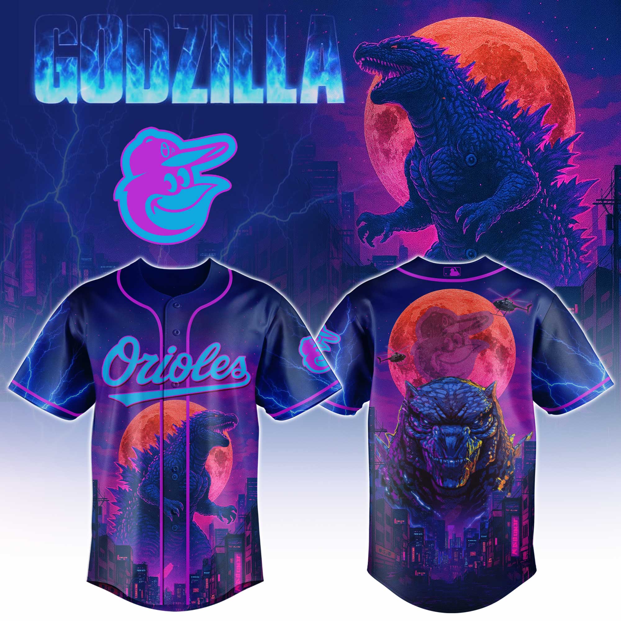 Baltimore Orioles Mlb X Godzilla Neon City Baseball Jersey