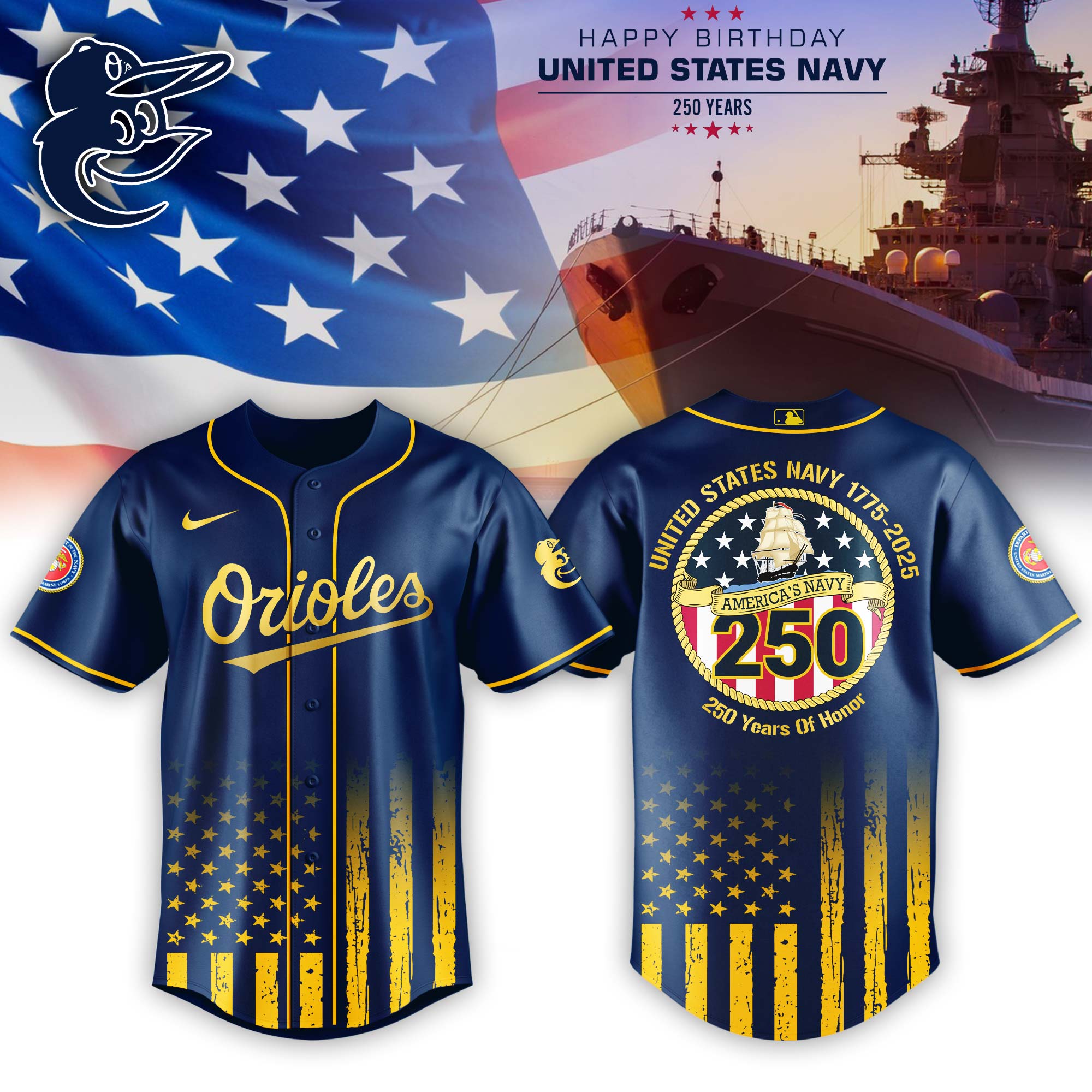 Baltimore Orioles Mlb X Usa Happy Birthday Usa Navy Baseball Jersey