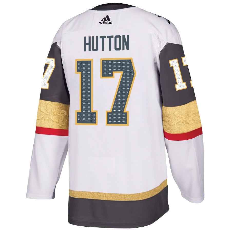 Alternative view of Ben Hutton 17 Vegas Golden Knights Stanley Cup 2023 Champions Patch Away Breakaway Men Hockey Jersey - White - JS793 