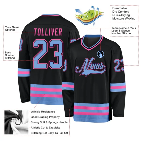 Alternative view of Custom Black Light Blue-Pink Hockey Jersey