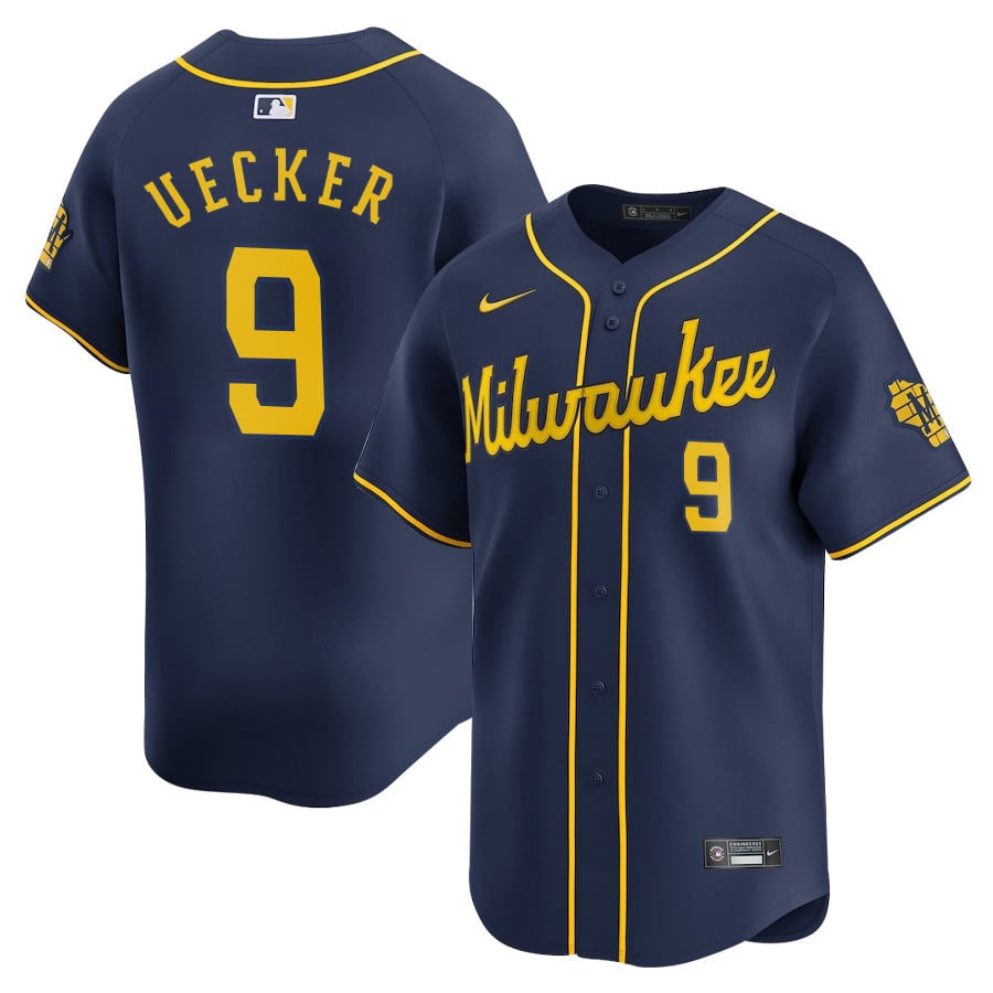 Bob Uecker #9 Milwaukee Brewers Alternate Limited Player Baseball Jersey – Navy 