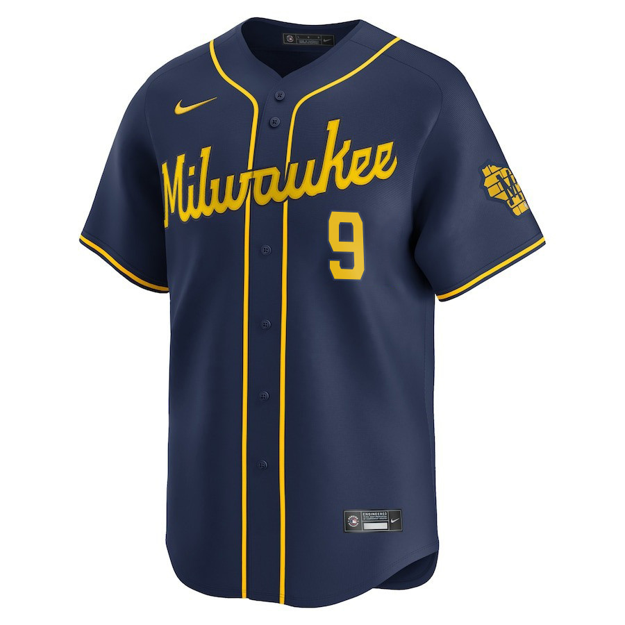 Alternative view of Bob Uecker #9 Milwaukee Brewers Alternate Limited Player Baseball Jersey – Navy 