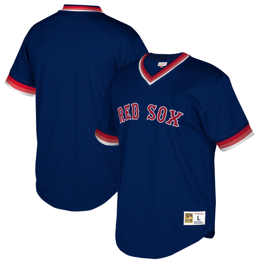 Boston Red Sox Mitchell And Ness Big And Tall Cooperstown Collection Mesh Wordmark V-neck Baseball Jersey - Navy
