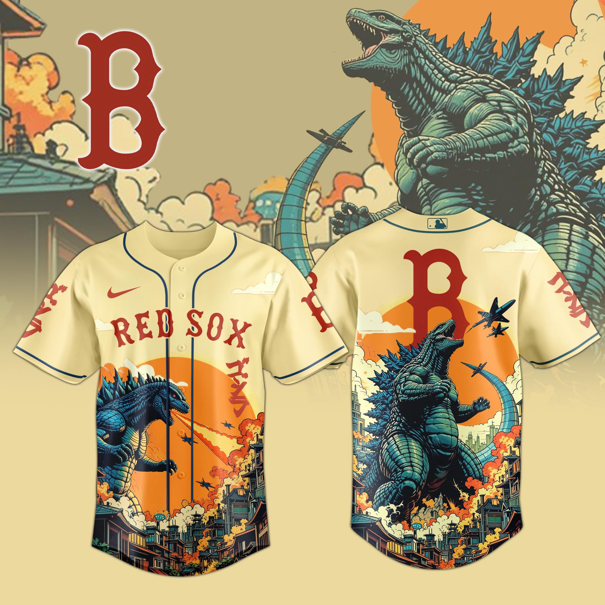 Boston Red Sox Mlb X Godzilla Attack Baseball Jersey