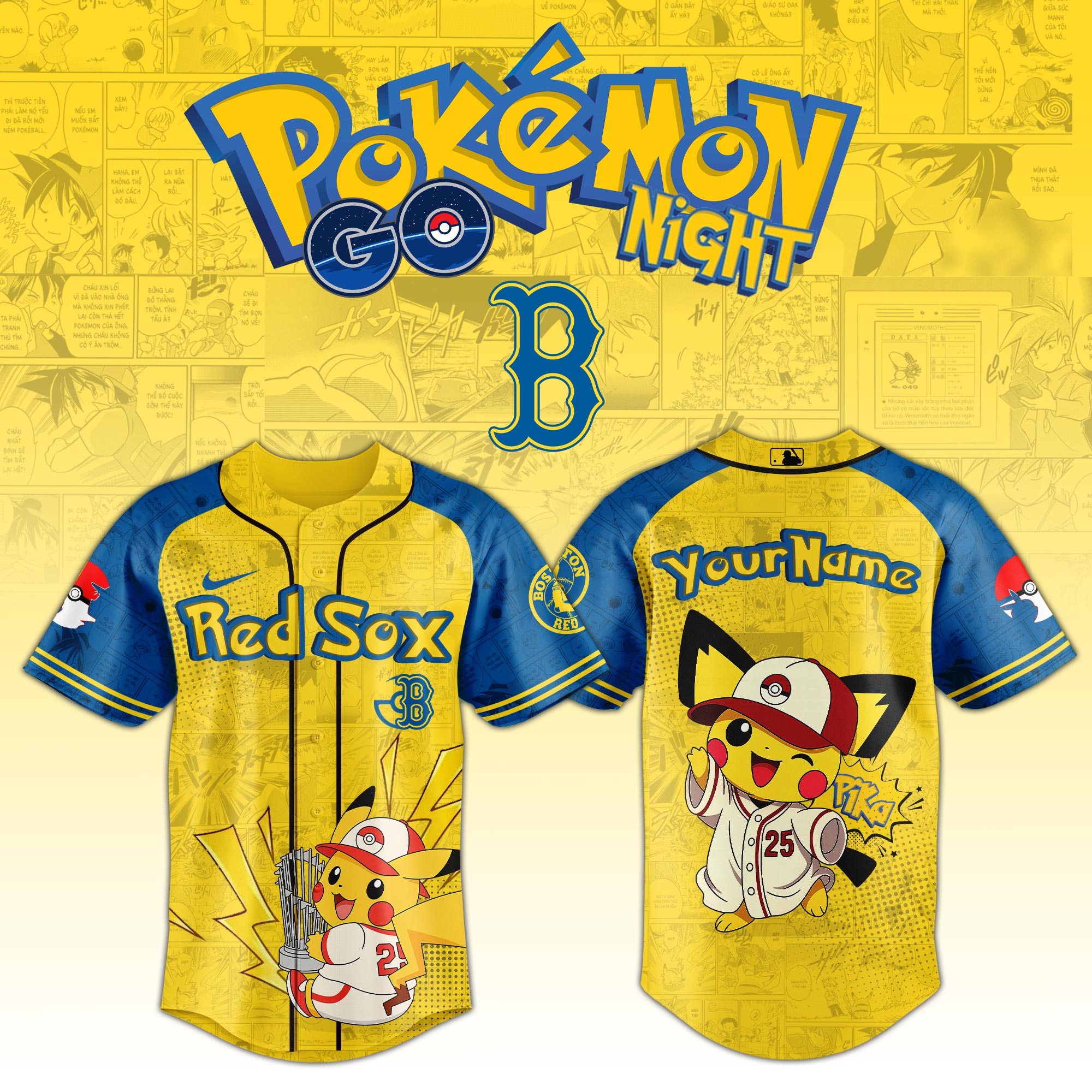Boston Red Sox Mlb X Pokemon Pichu Pikachu Baseball Jersey Custom Name