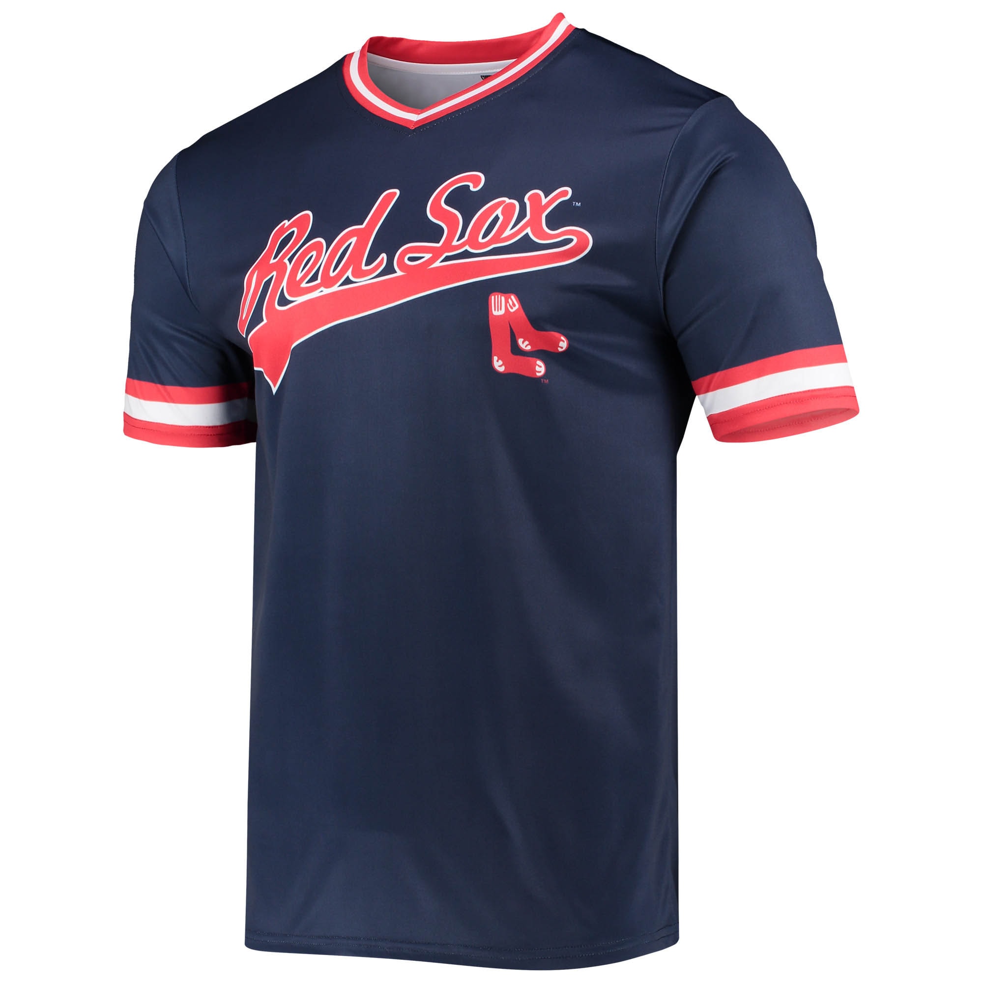 Alternative view of Boston Red Sox Stitches Cooperstown Collection V-neck Team Color Baseball Jersey - Navy/red