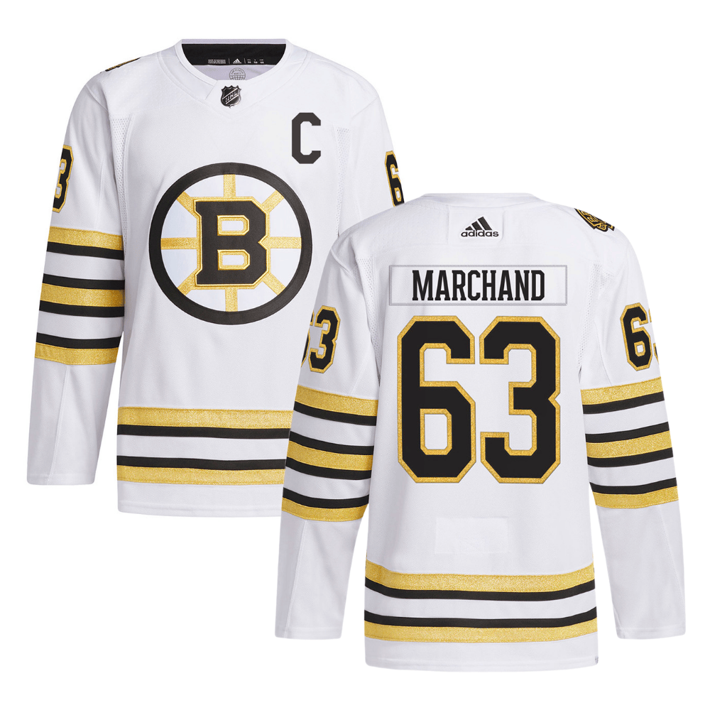 Brad Marchand 63 Boston Bruins 100th Anniversary Primegreen Away Men Hockey Jersey - White - JS569 